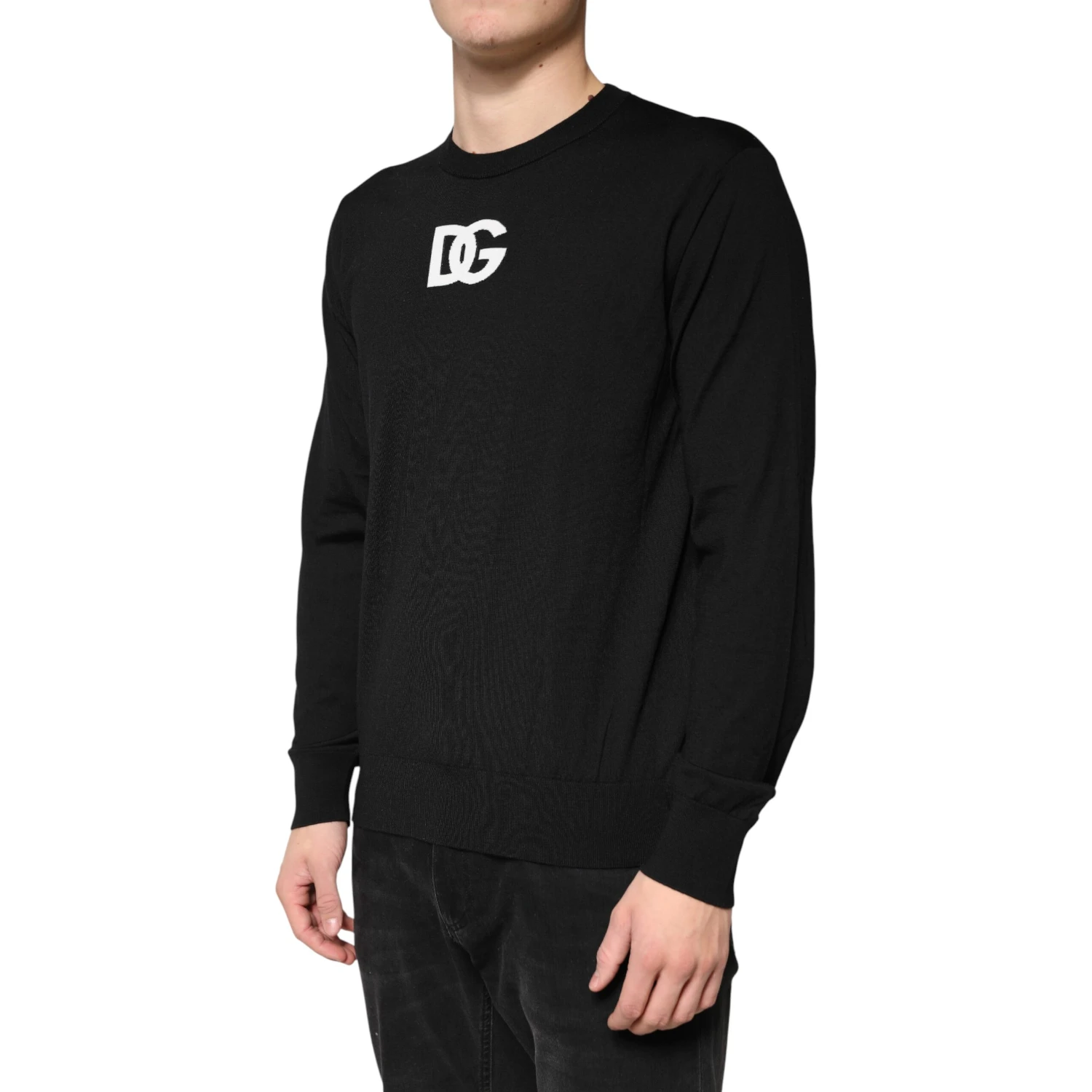 Black Wool DG Crew Neck Men Pullover Sweater