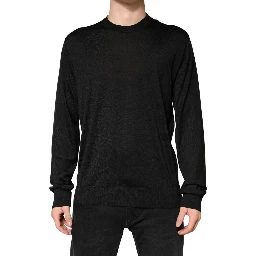 Black Silk Men Crew Neck Pullover Sweater