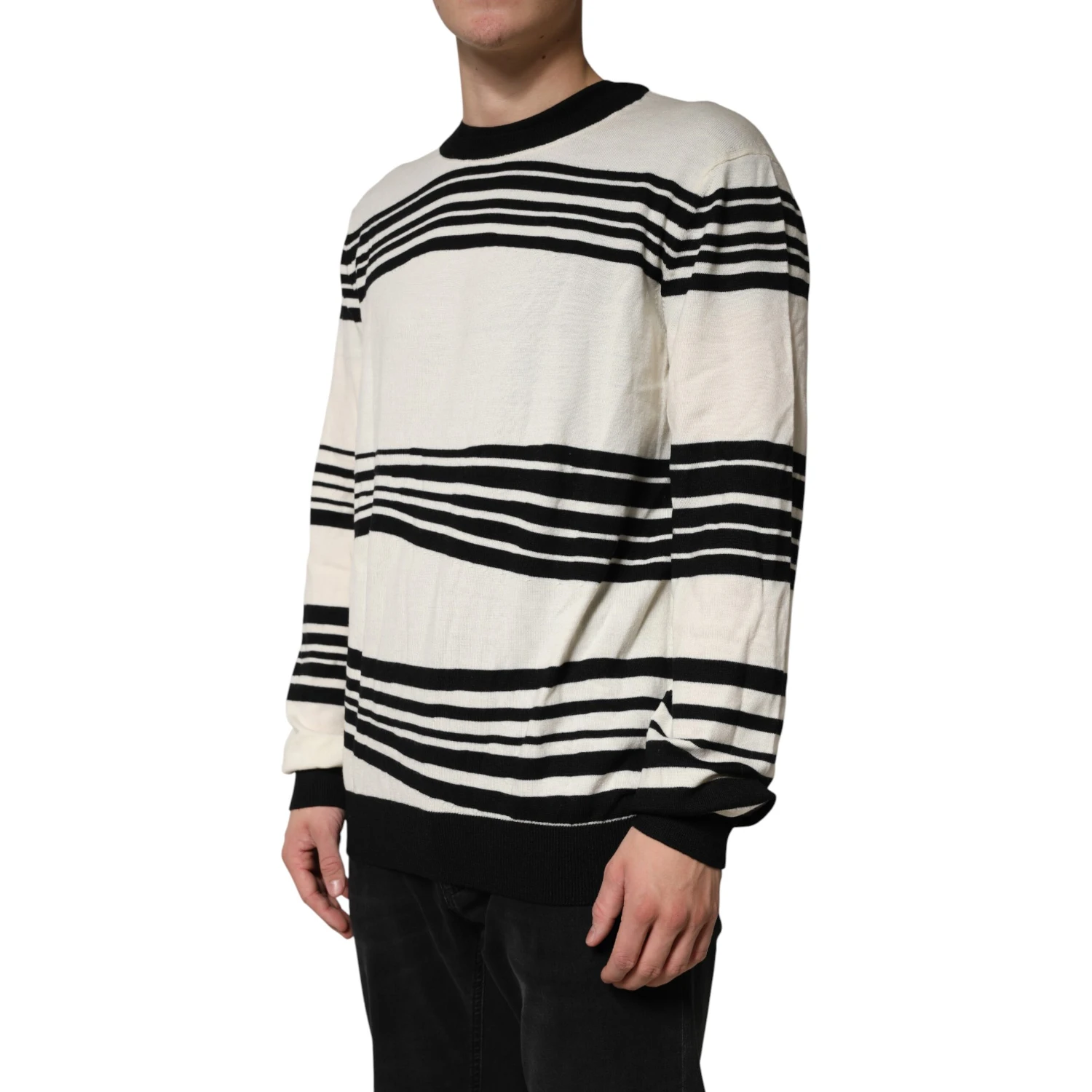 Black White Stripe CrewNeck Pullover Sweater