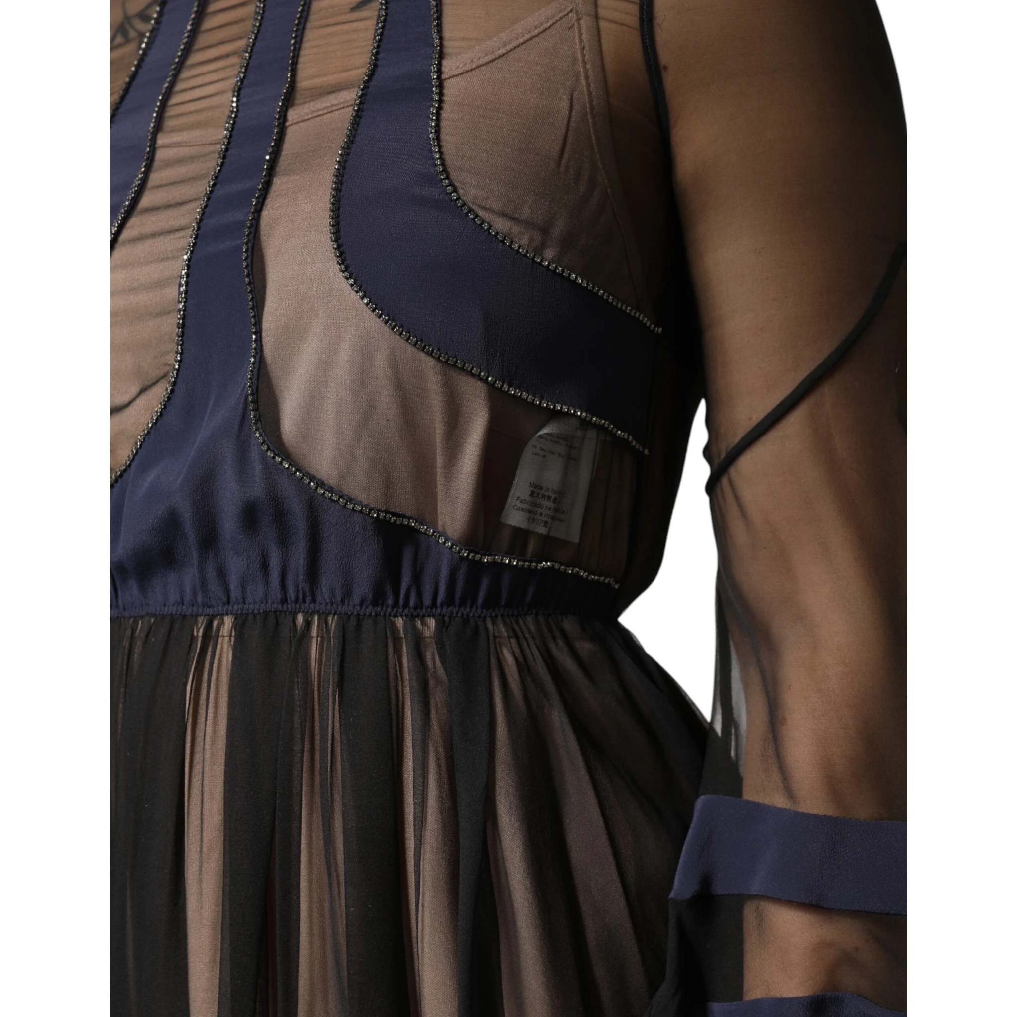 Blue Long Sleeves Sheer Silk Sheath A-line Midi Dress