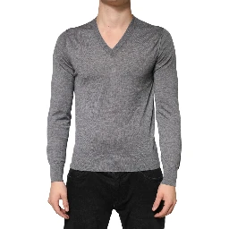 Gray Cashmere V-Neck Men Pullover Sweater