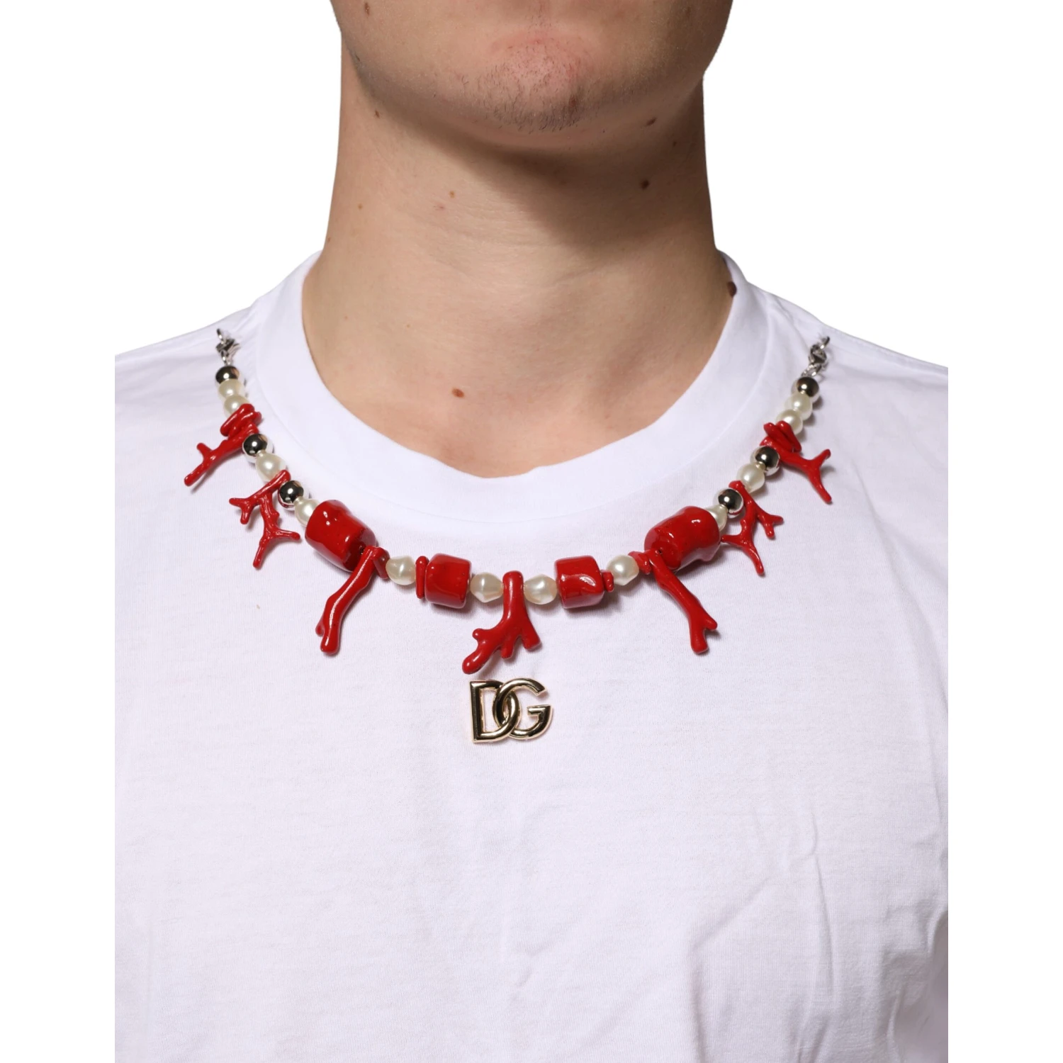 White Cotton Necklace Embellished T-shirt