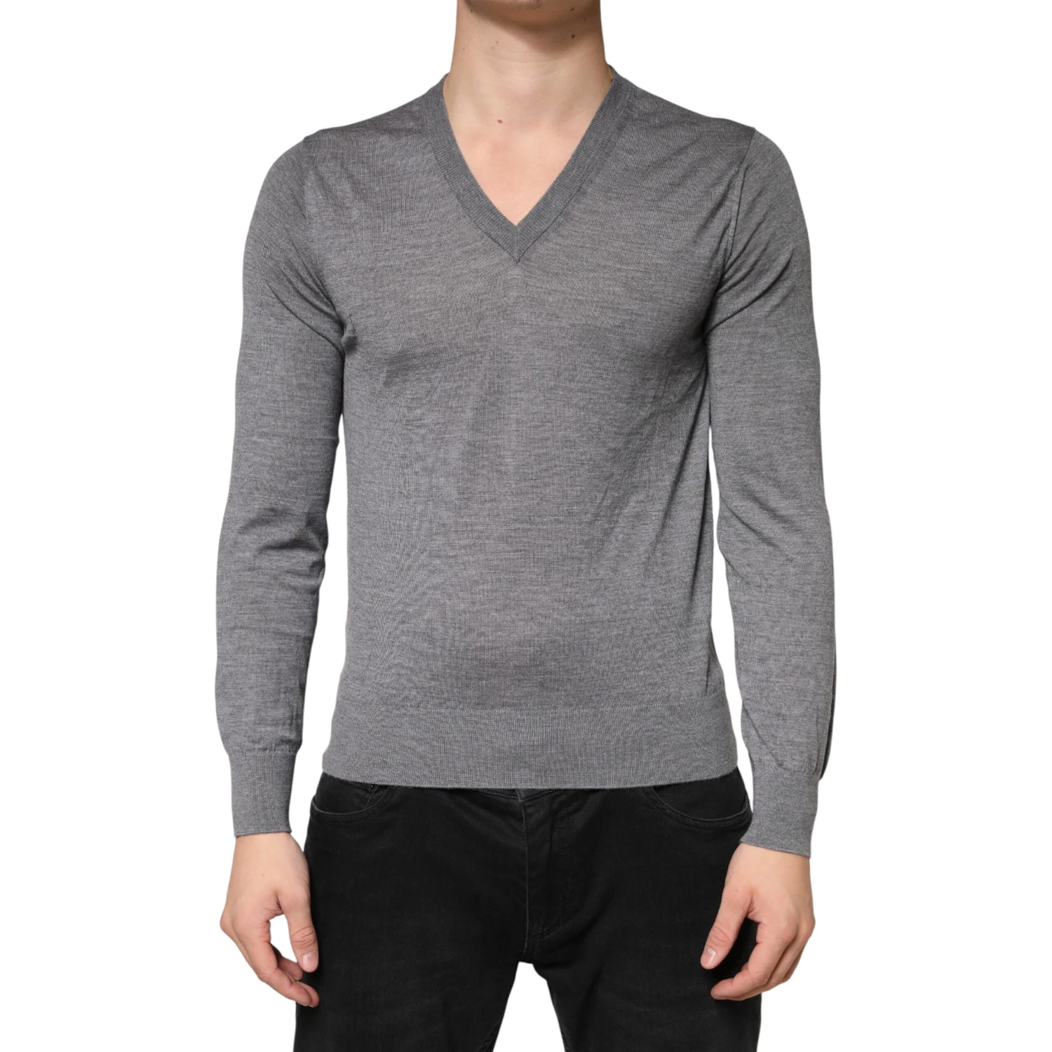 Gray Cashmere V-Neck Men Pullover Sweater