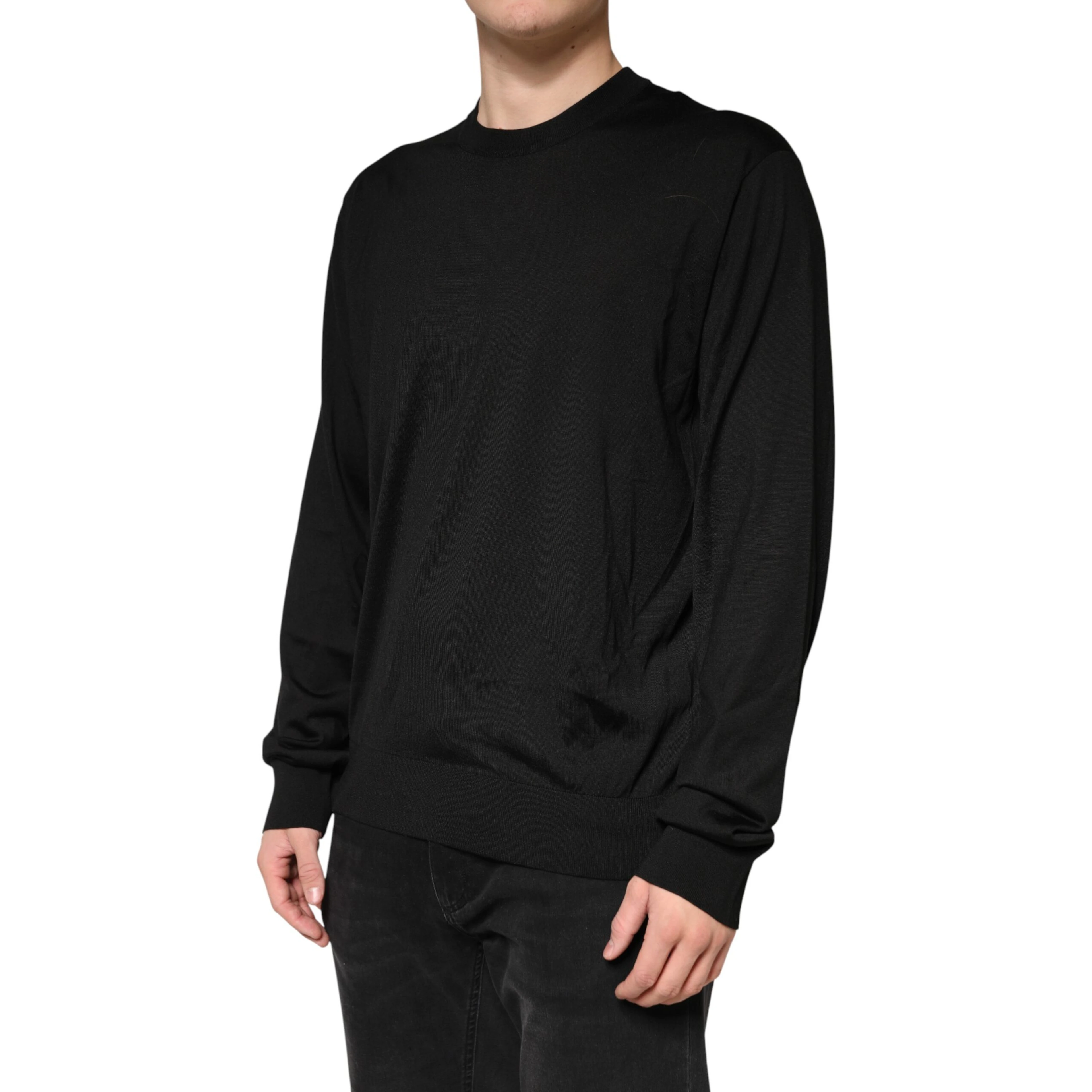 Black Silk Men Crew Neck Pullover Sweater