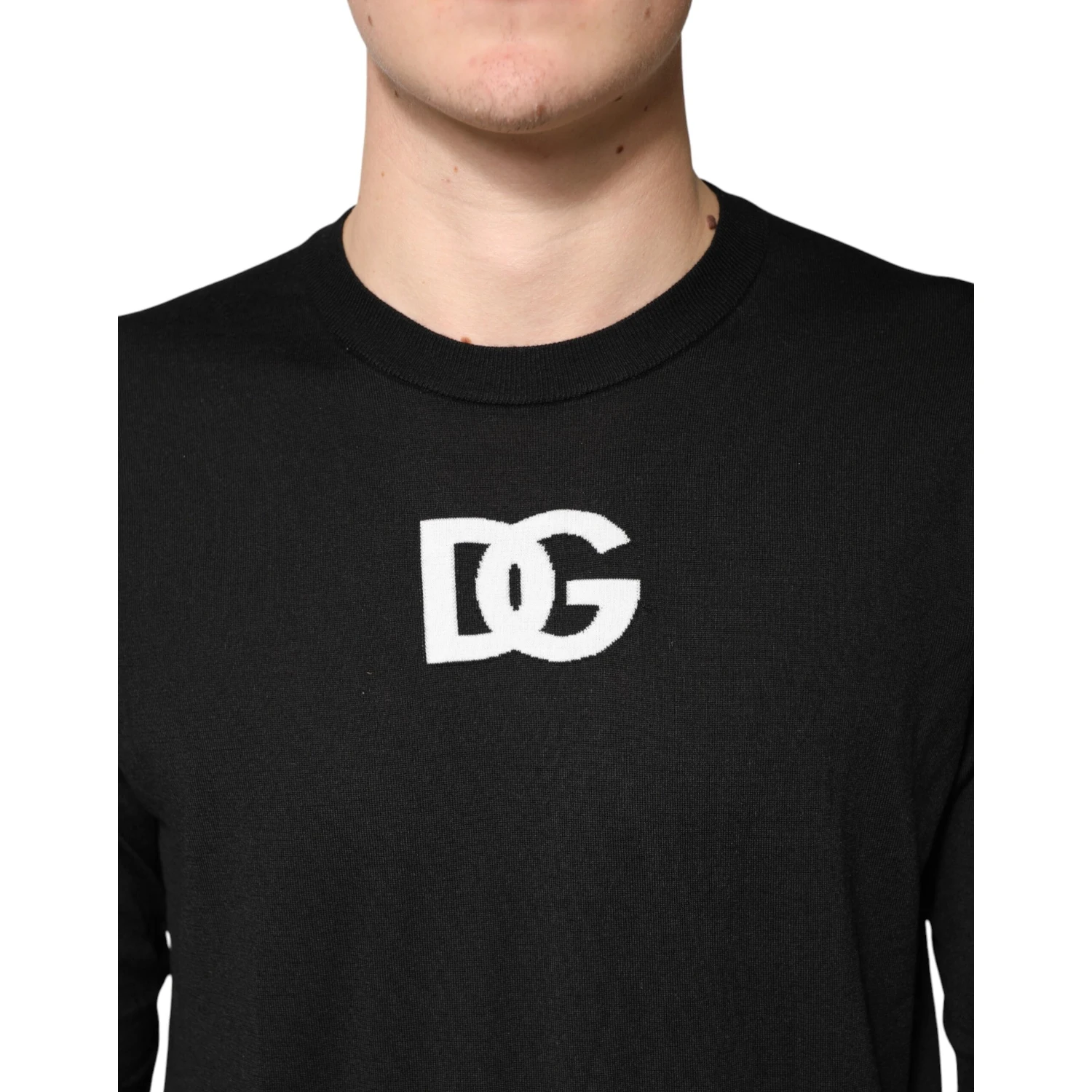 Black Wool DG Crew Neck Men Pullover Sweater