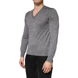 Gray Cashmere V-Neck Men Pullover Sweater