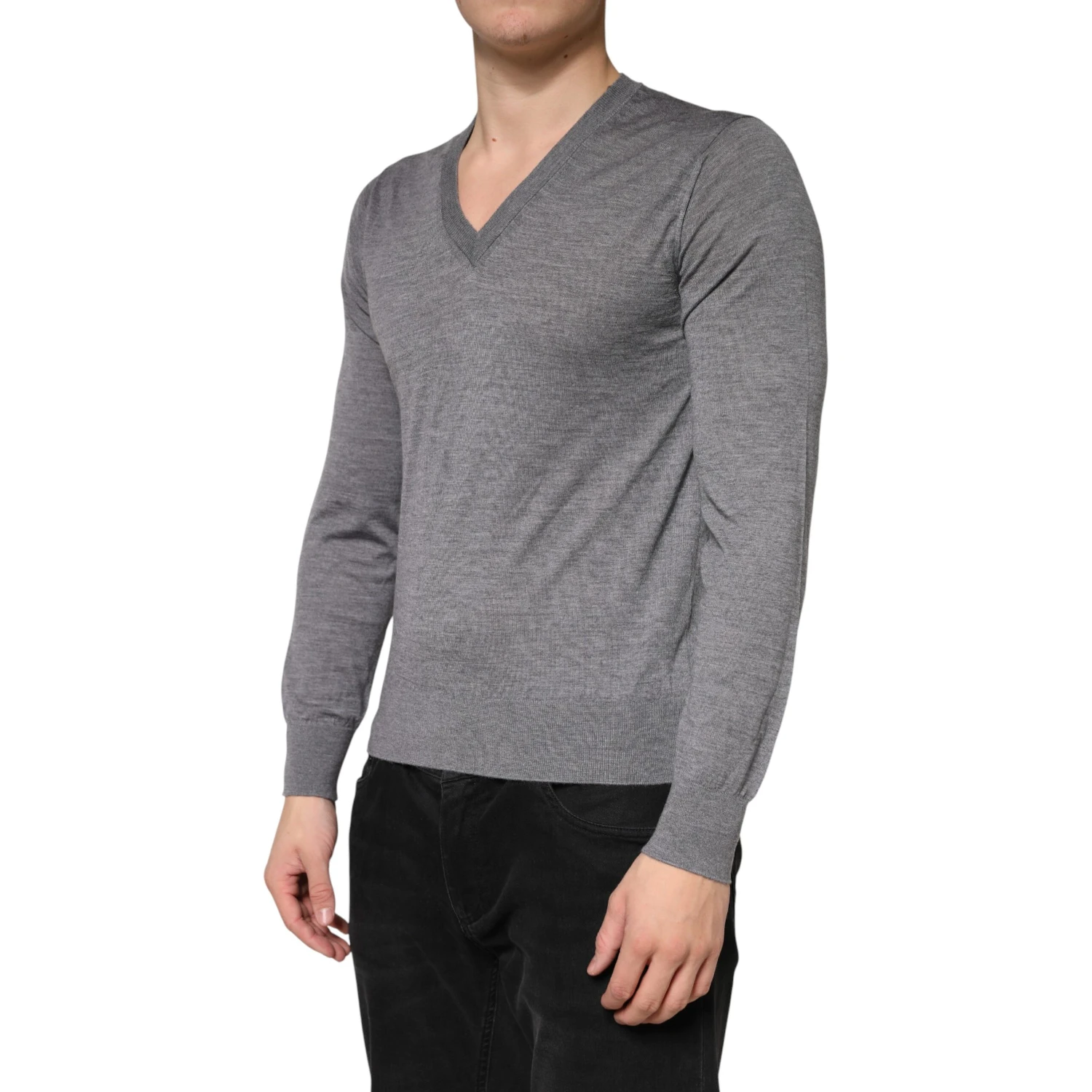 Gray Cashmere V-Neck Men Pullover Sweater