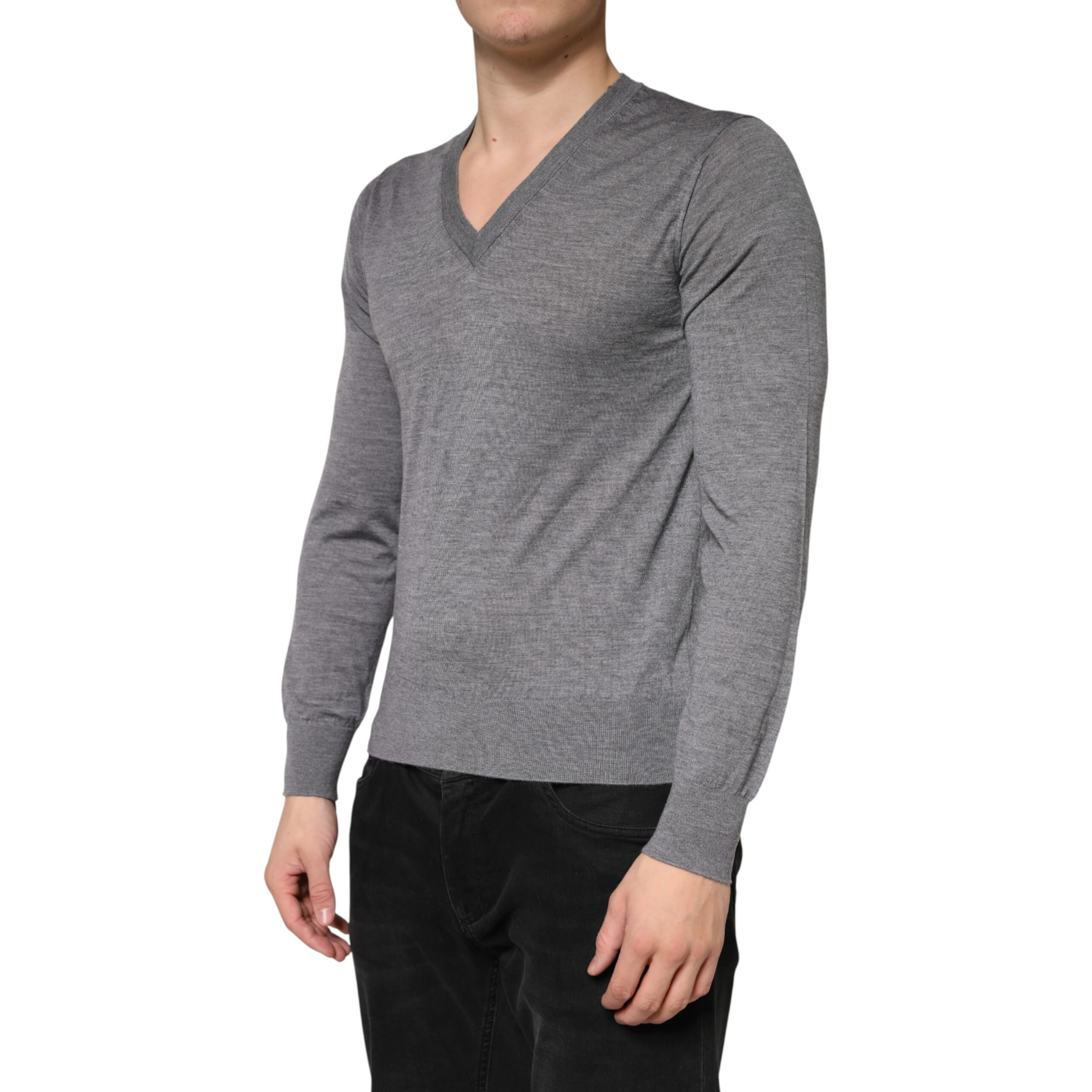 Gray Cashmere V-Neck Men Pullover Sweater