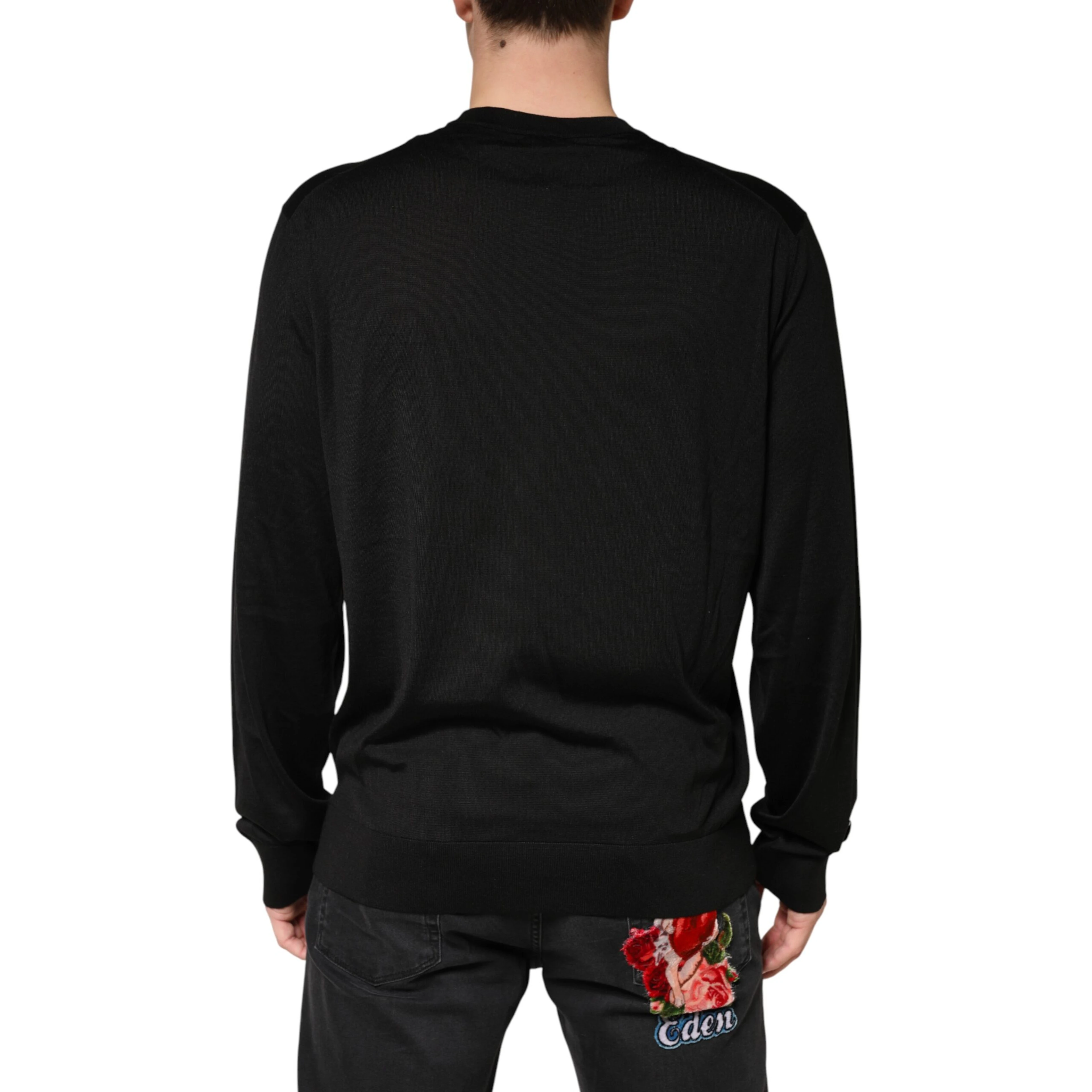 Black Silk Men Crew Neck Pullover Sweater