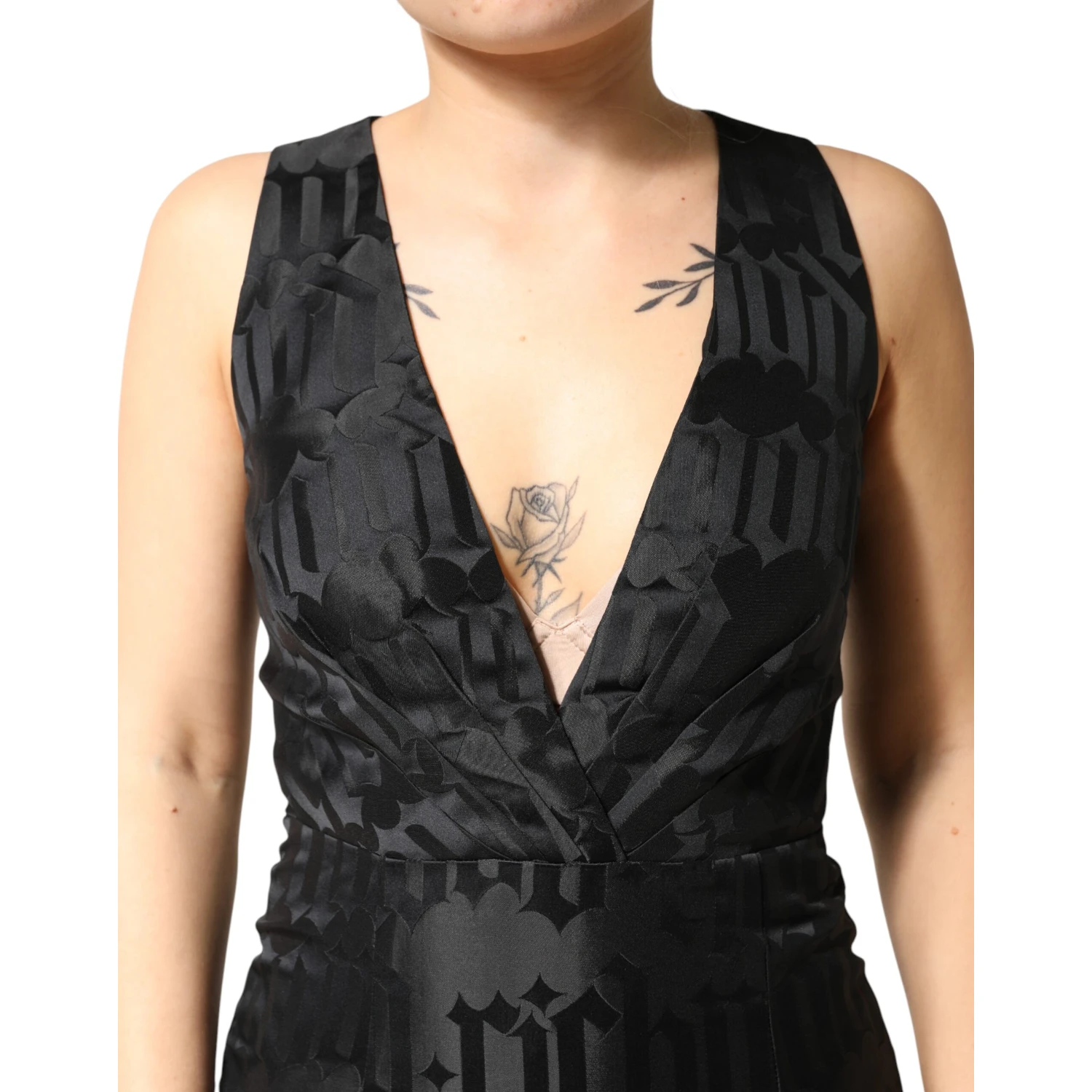 Black Jacquard Deep V-neck Sleeveless 2 Pc Dress