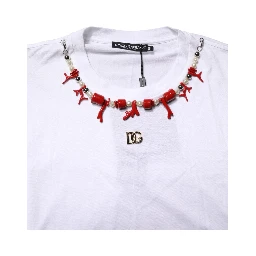 White Cotton Necklace Embellished T-shirt