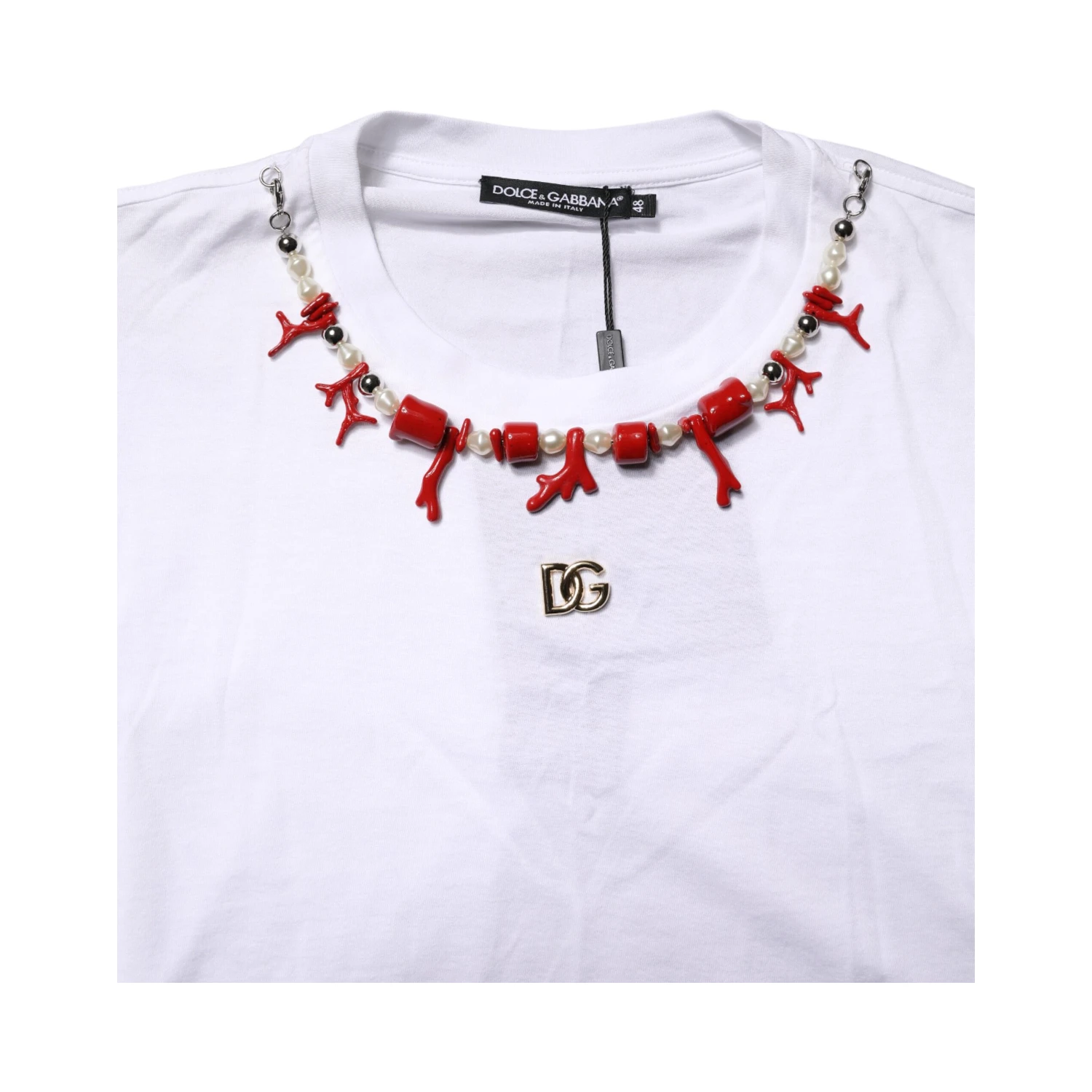 White Cotton Necklace Embellished T-shirt