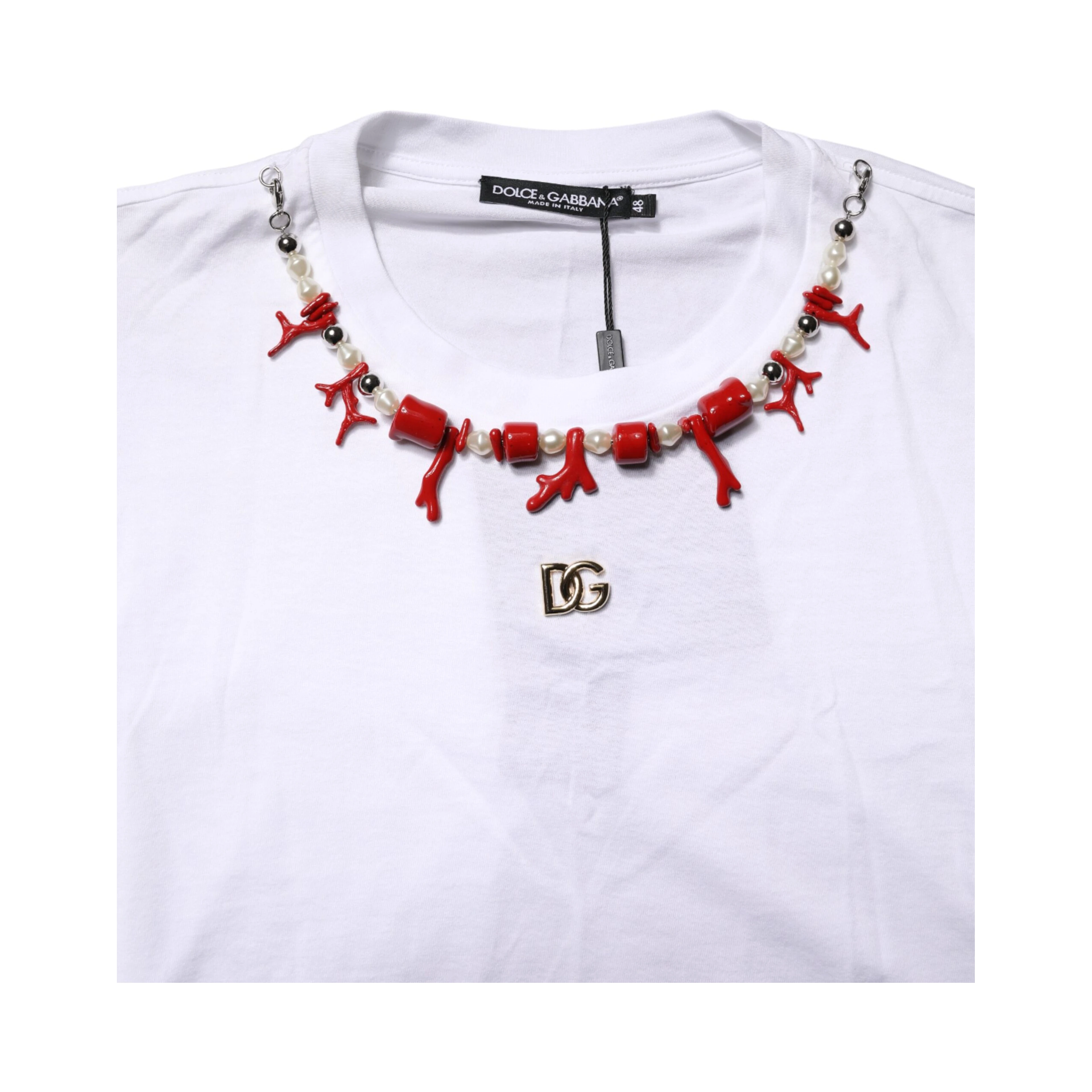 White Cotton Necklace Embellished T-shirt