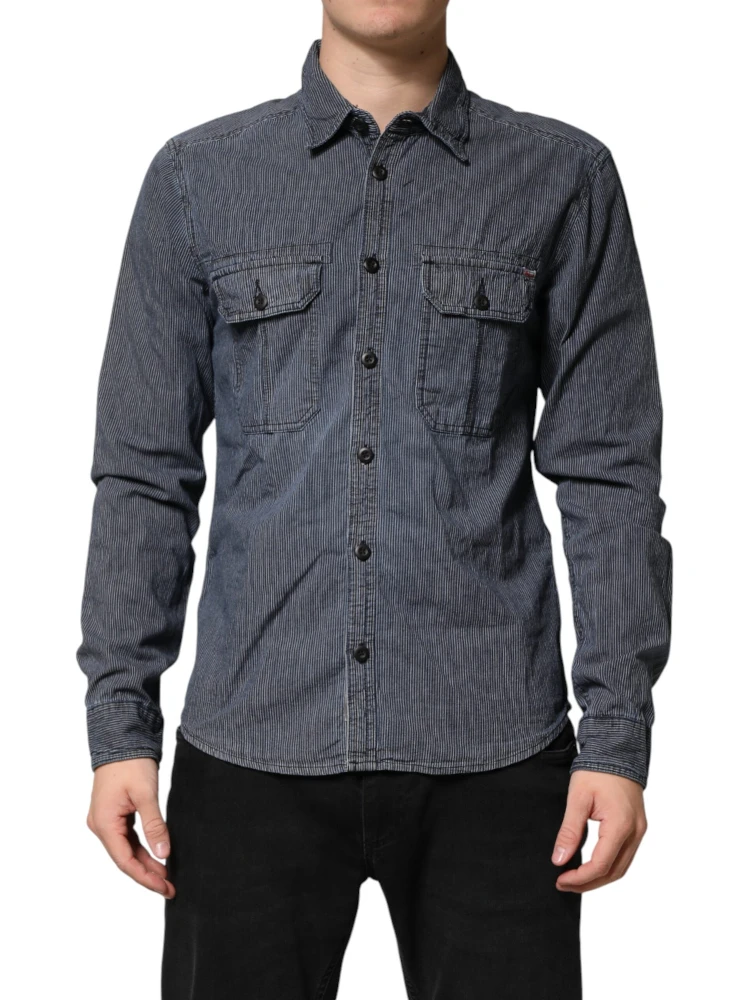 Blue White Button Down Long Sleeves Men Denim Shirt