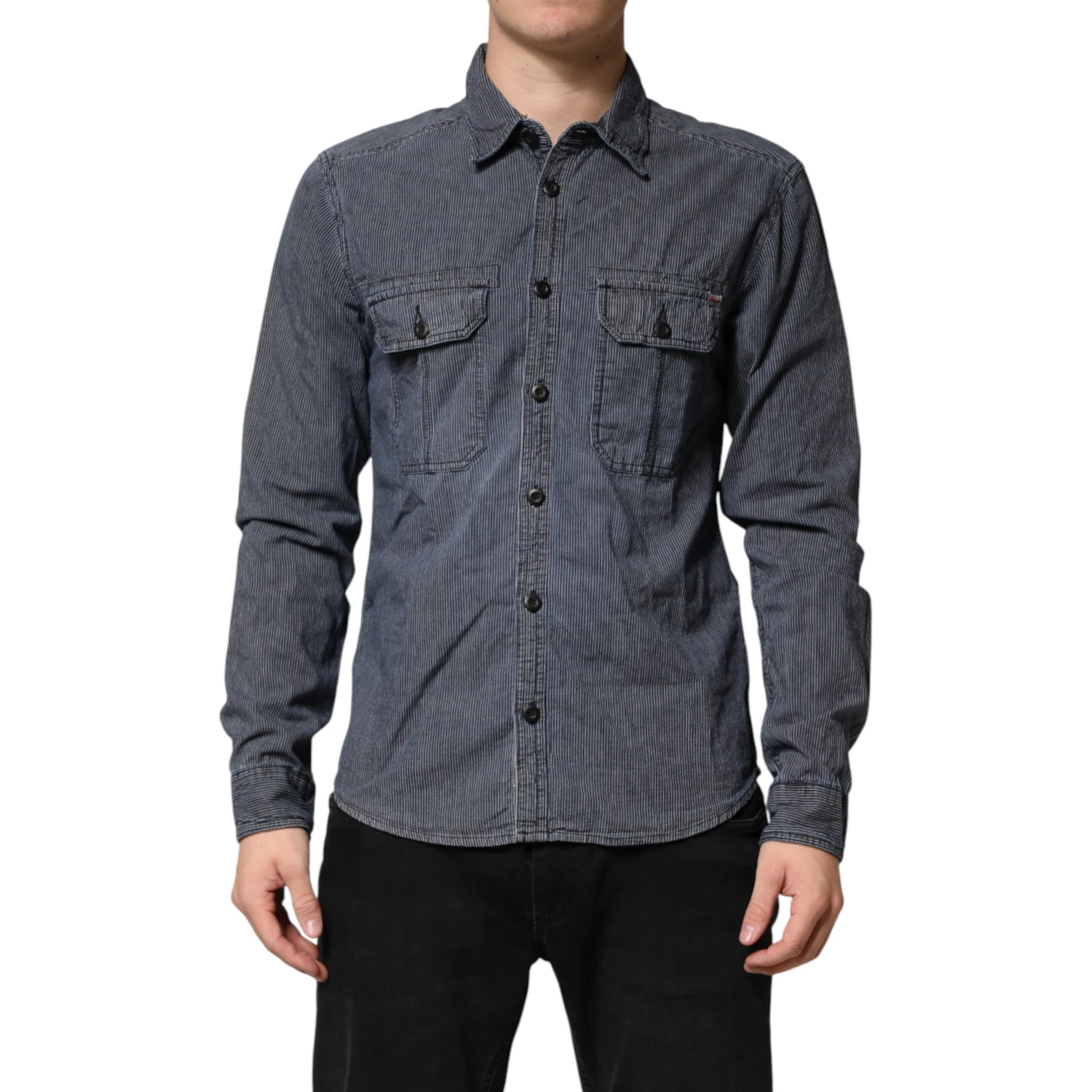 Blue White Button Down Long Sleeves Men Denim Shirt