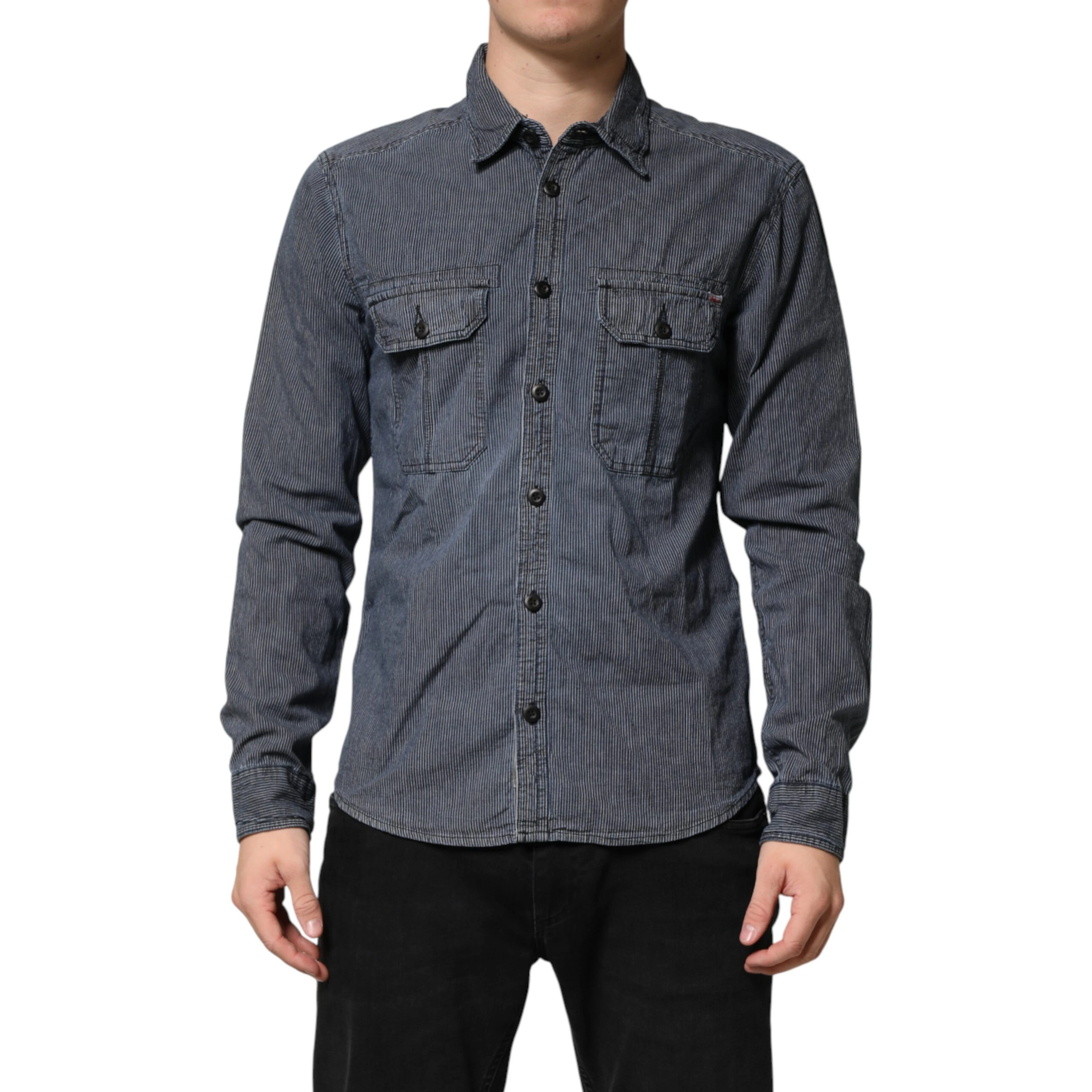 Blue White Button Down Long Sleeves Men Denim Shirt