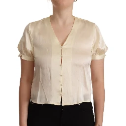 Blouse Off White Silk Short Sleeves V-neck Top