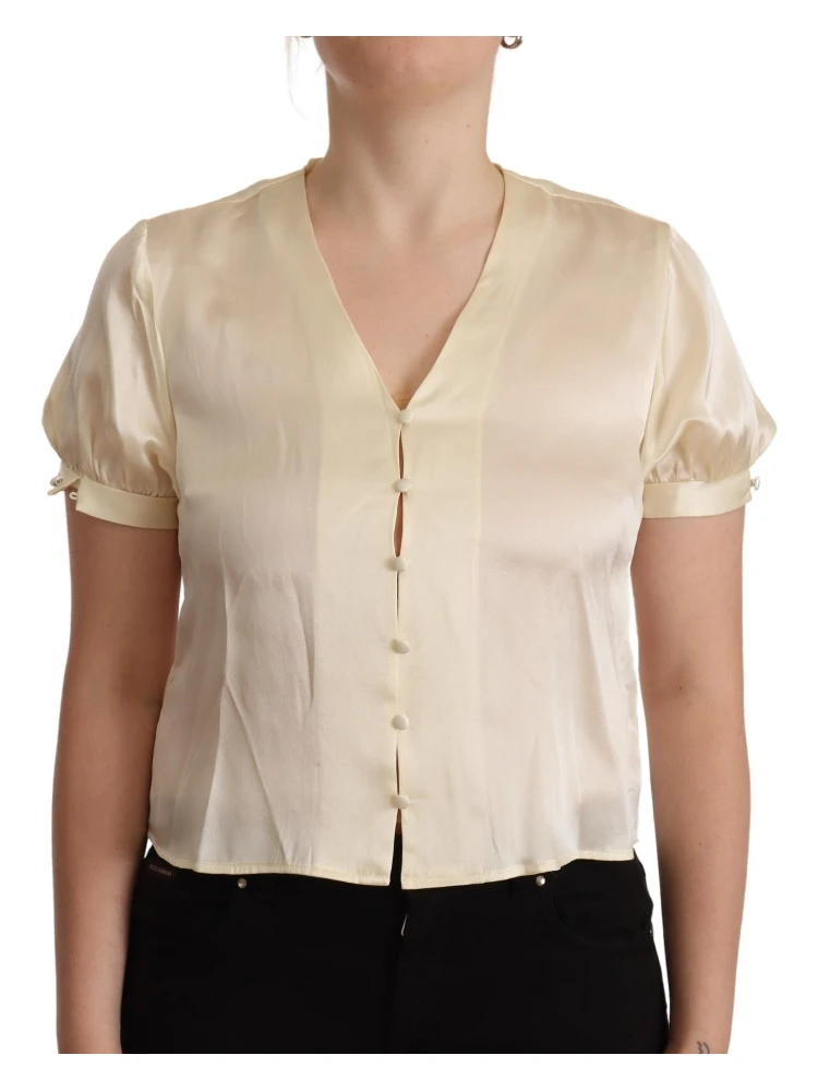 Blouse Off White Silk Short Sleeves V-neck Top