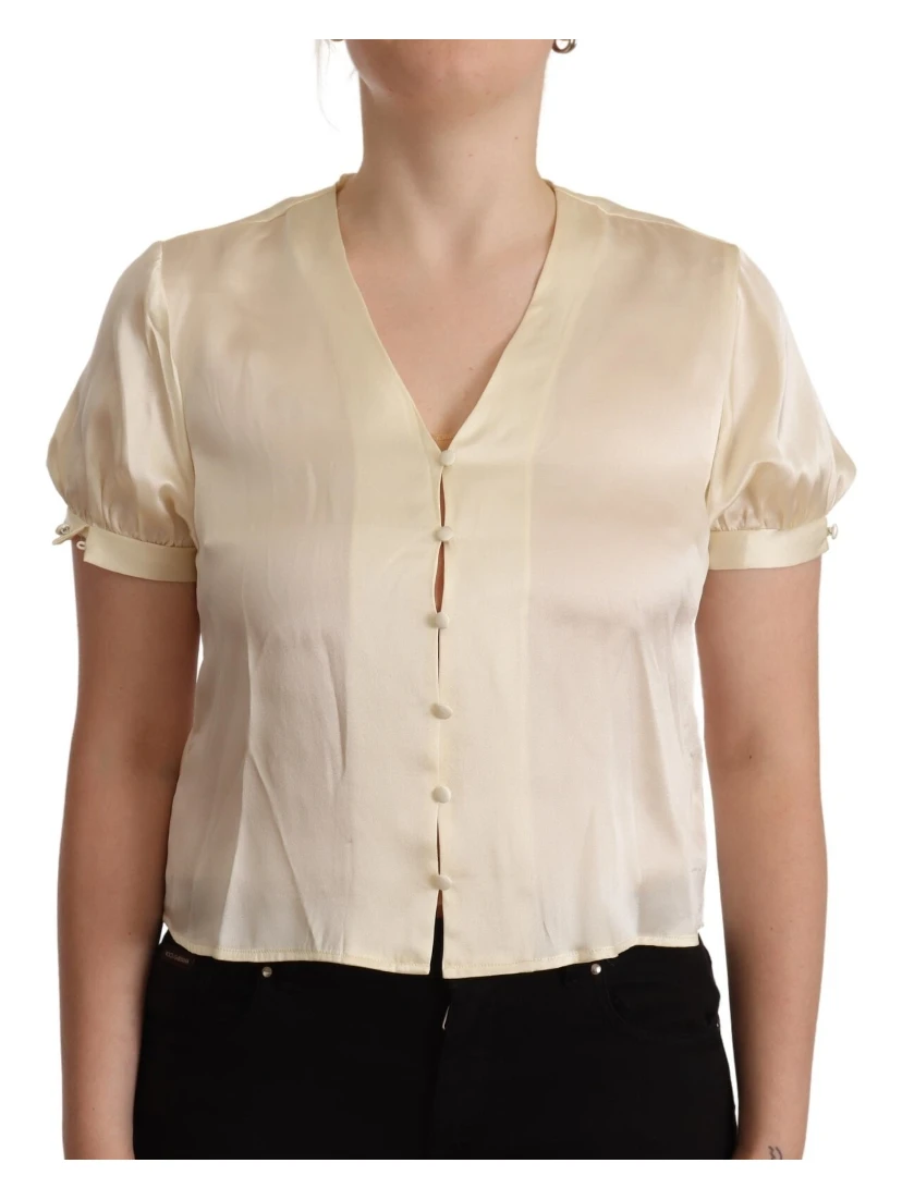 Blouse Off White Silk Short Sleeves V-neck Top