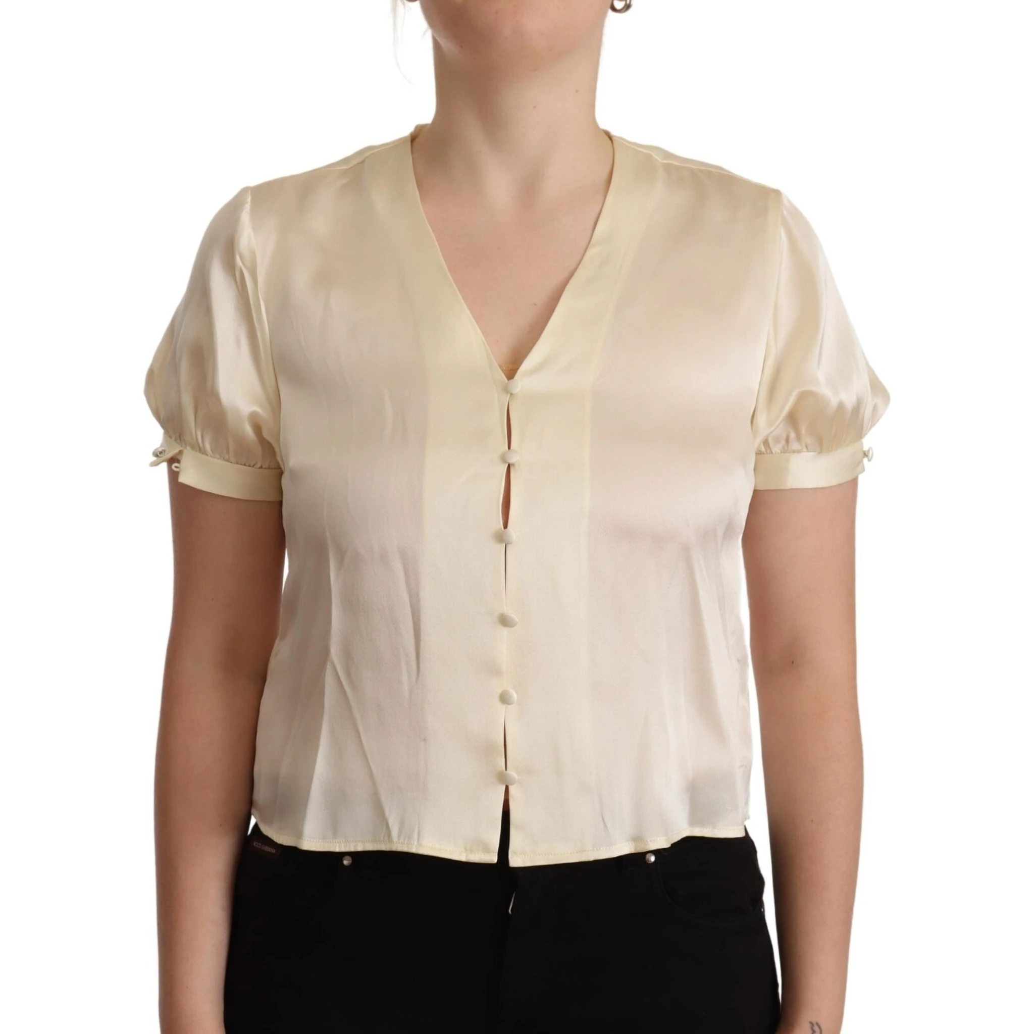 Blouse Off White Silk Short Sleeves V-neck Top