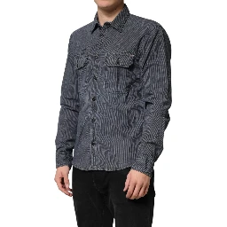 Blue White Button Down Long Sleeves Men Denim Shirt