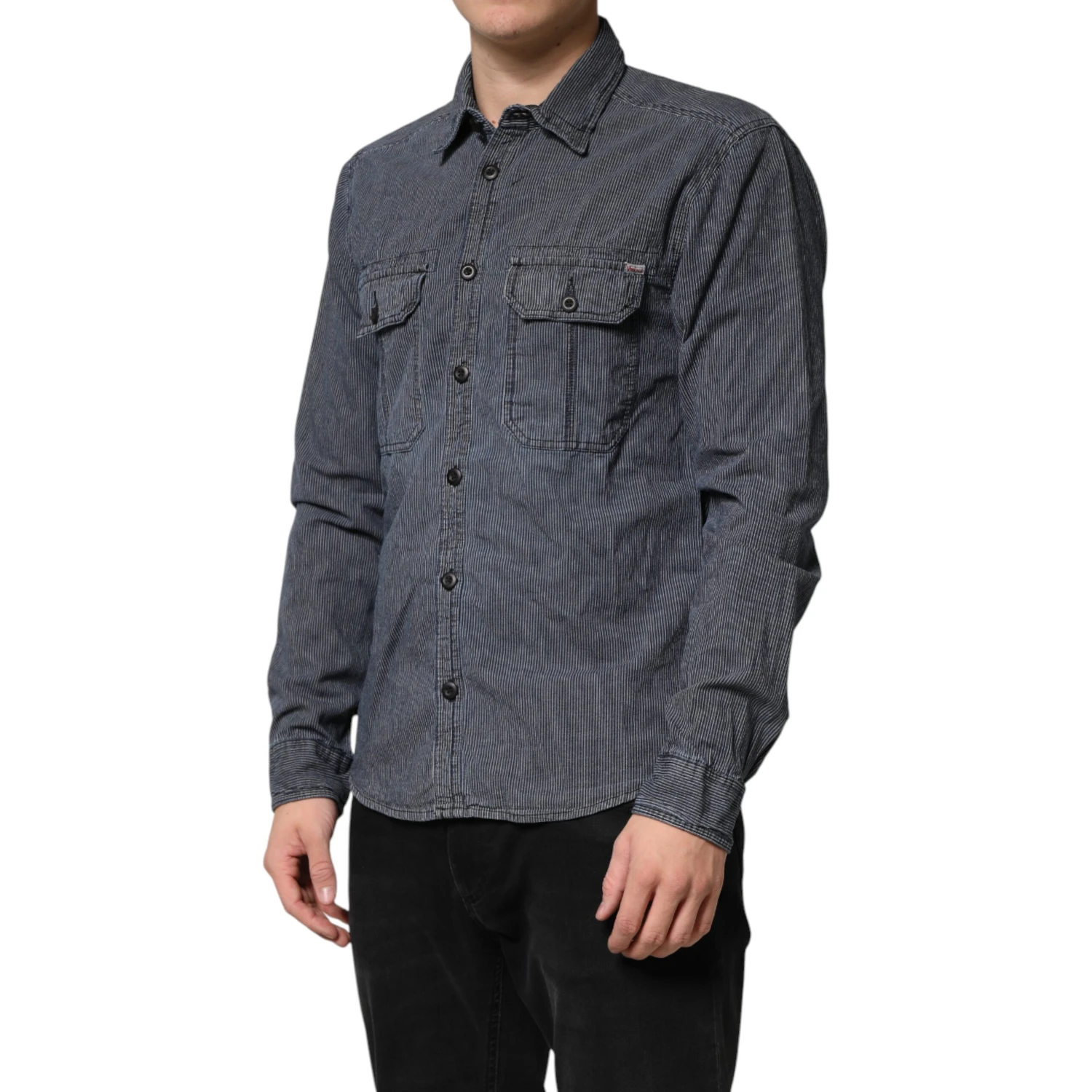 Blue White Button Down Long Sleeves Men Denim Shirt