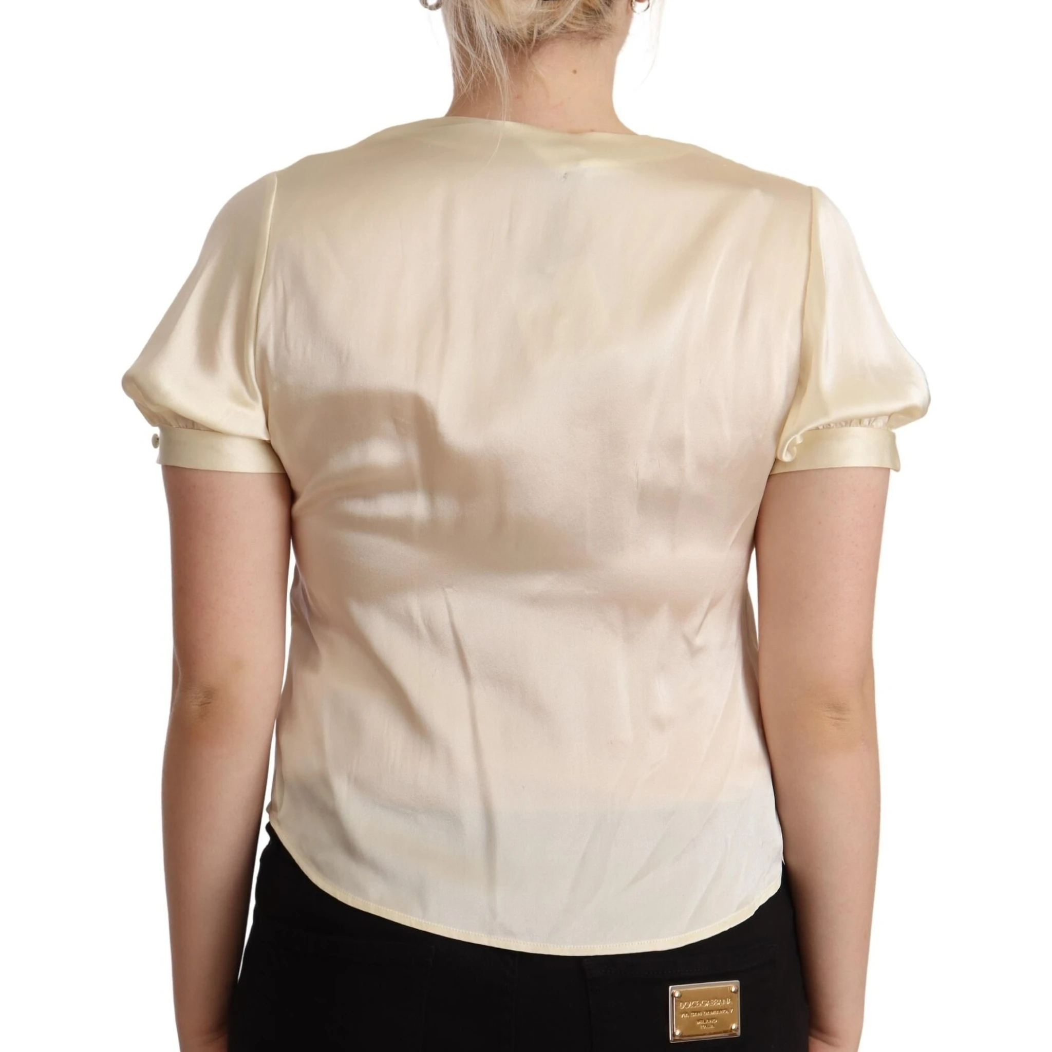 Blouse Off White Silk Short Sleeves V-neck Top