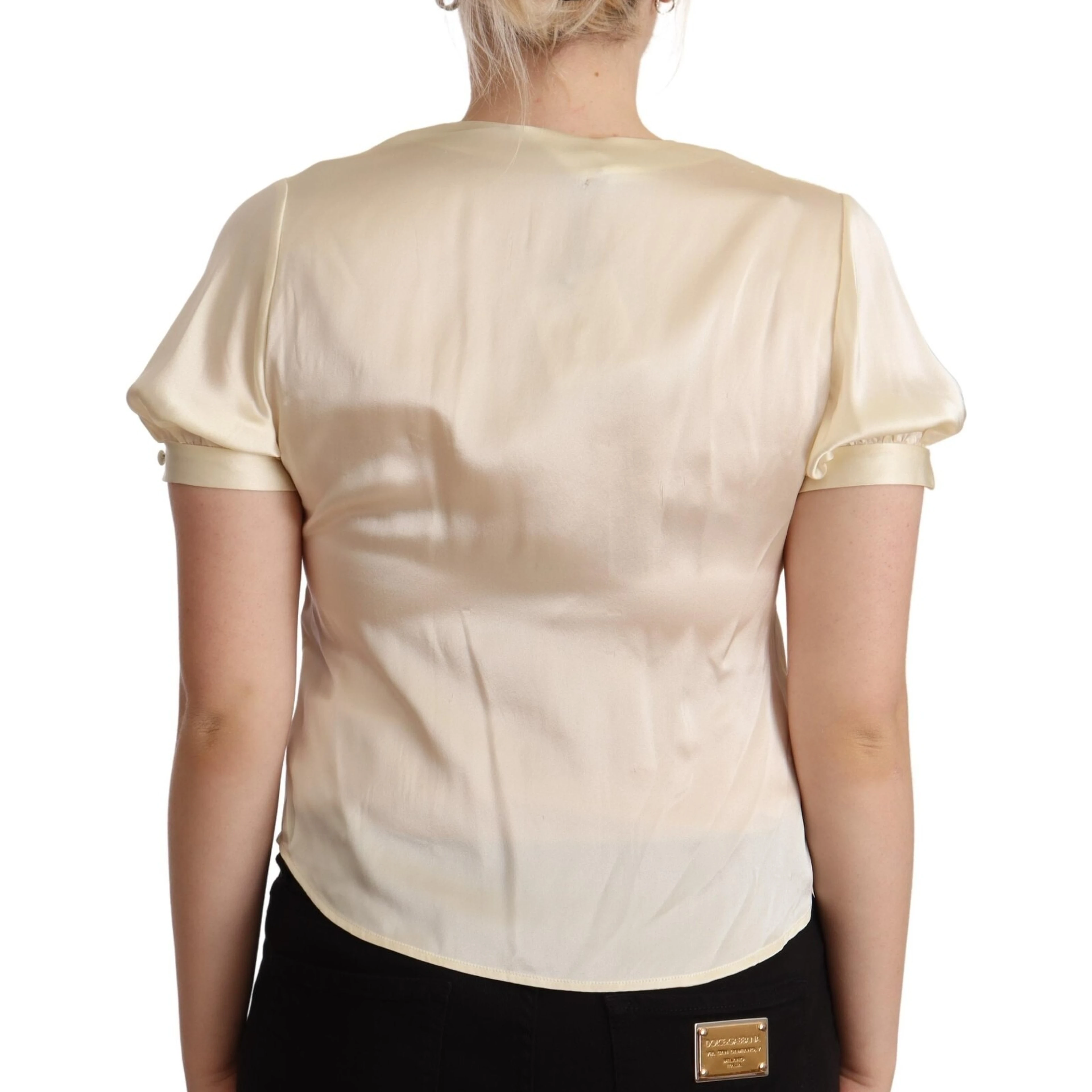 Blouse Off White Silk Short Sleeves V-neck Top