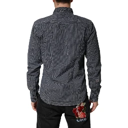 Blue White Button Down Long Sleeves Men Denim Shirt