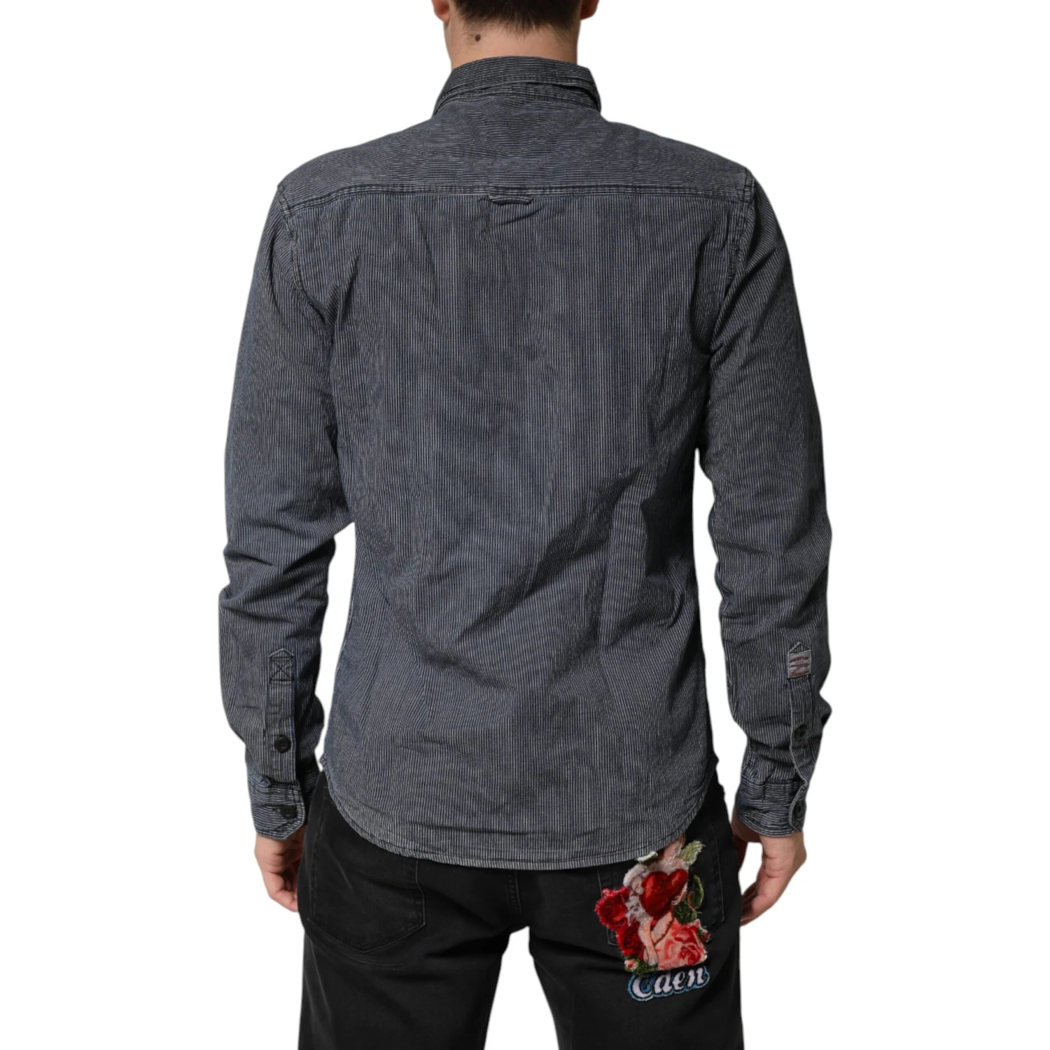 Blue White Button Down Long Sleeves Men Denim Shirt