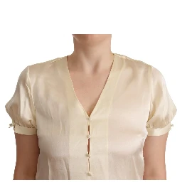Blouse Off White Silk Short Sleeves V-neck Top