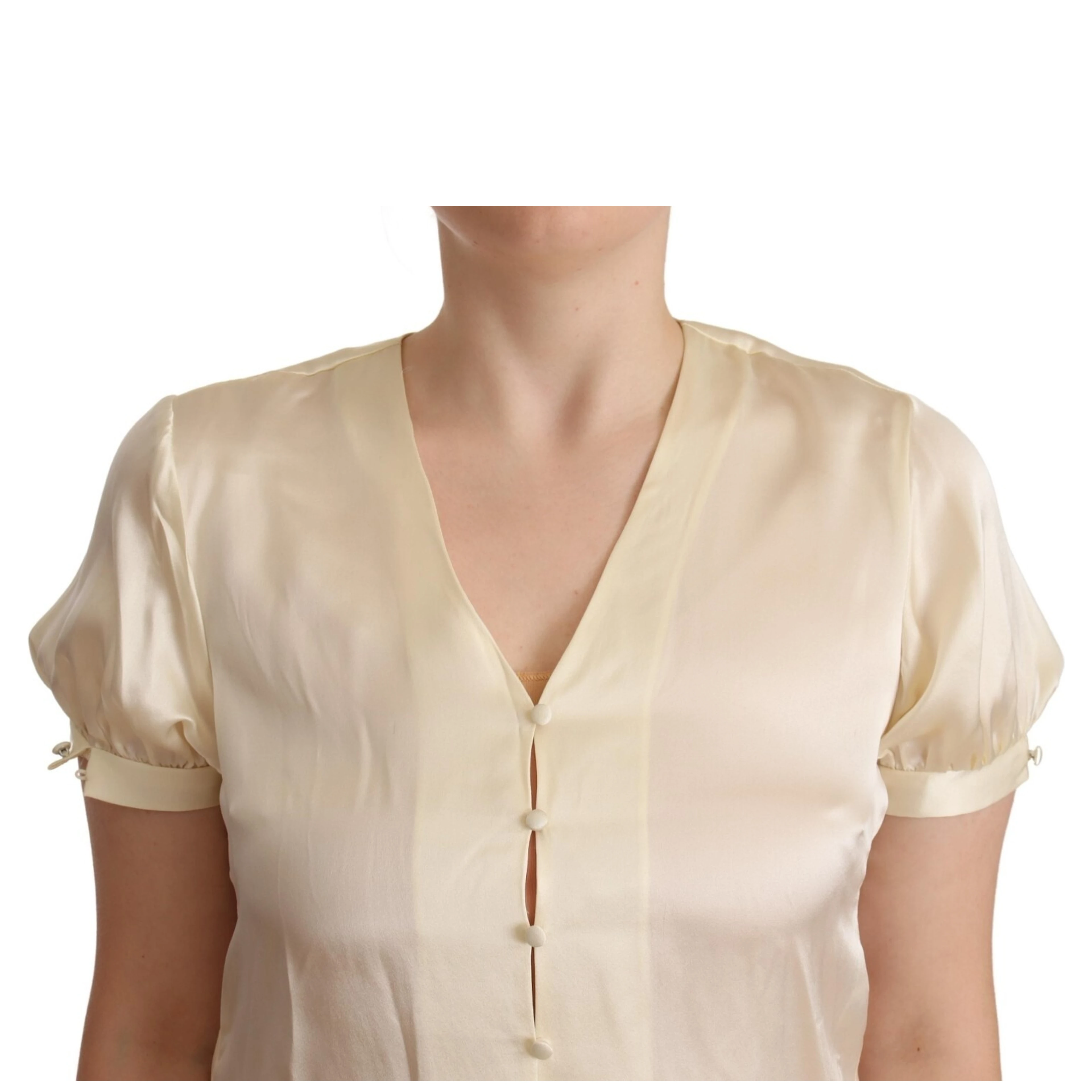 Blouse Off White Silk Short Sleeves V-neck Top