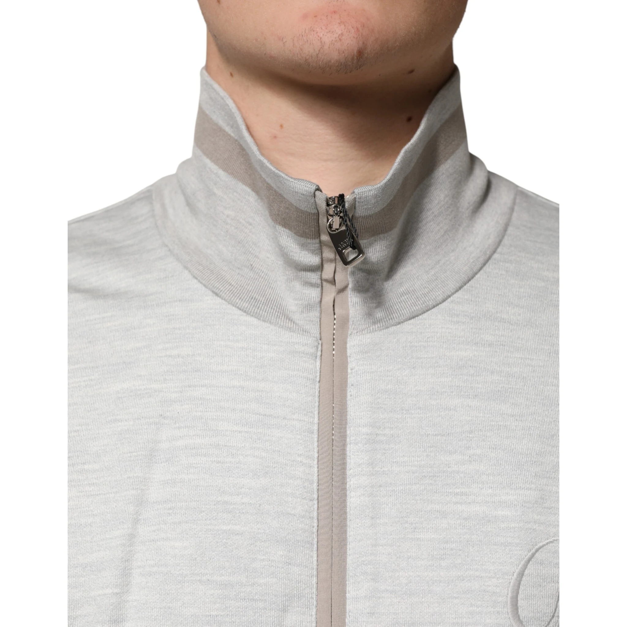 Light Gray Cotton Zipped Cardigan Sweater