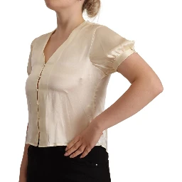 Blouse Off White Silk Short Sleeves V-neck Top
