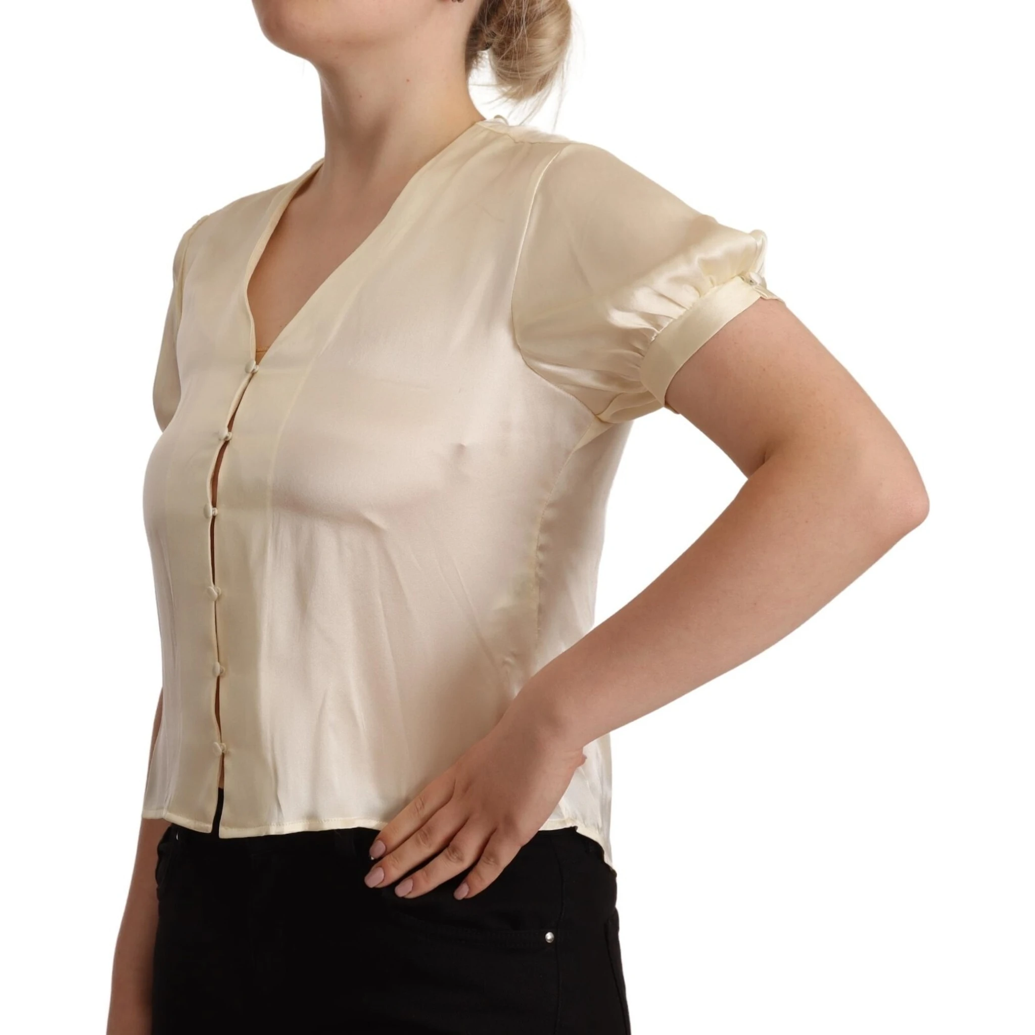 Blouse Off White Silk Short Sleeves V-neck Top