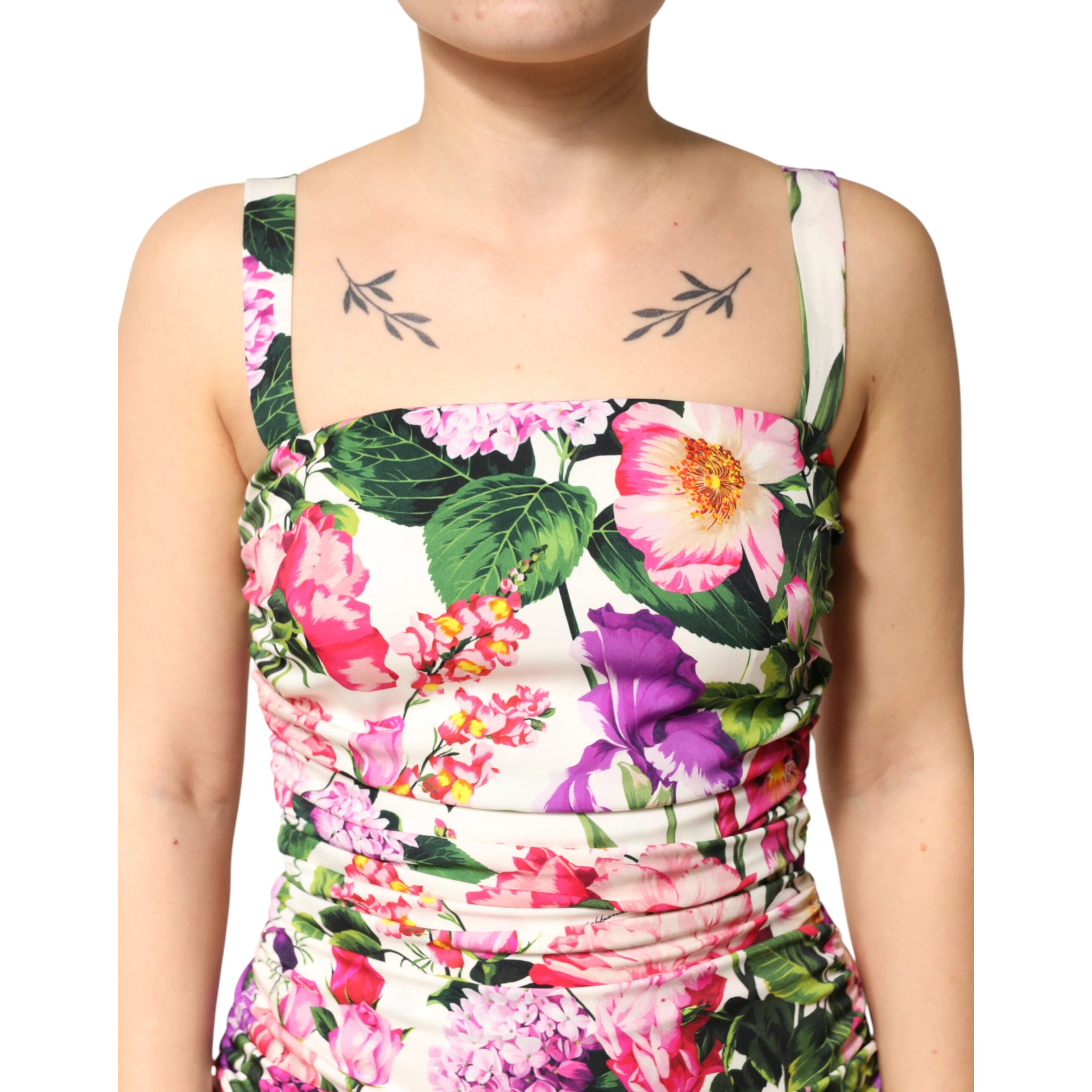 Multicolor Floral Ruched Silk Charmeuse Mini Dress