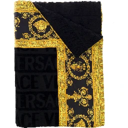 Black Towel with Baroque Print Lining in Terry Cotton Home
