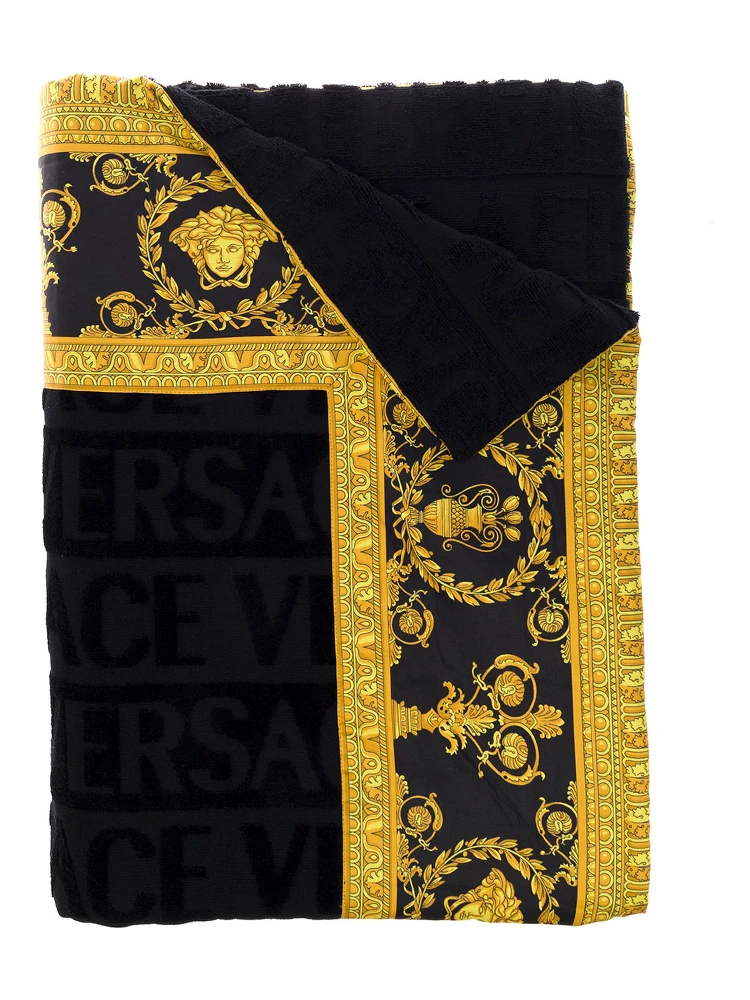 Black Towel with Baroque Print Lining in Terry Cotton Home