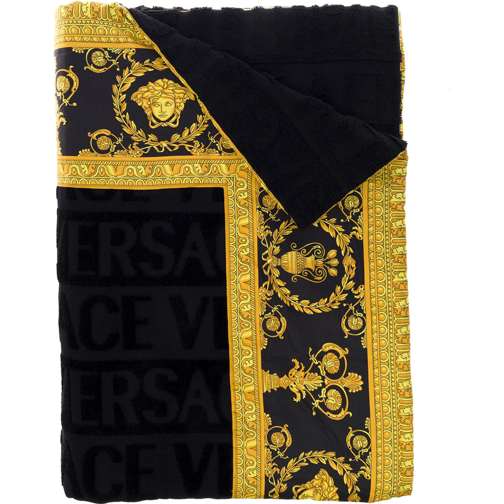 Black Towel with Baroque Print Lining in Terry Cotton Home