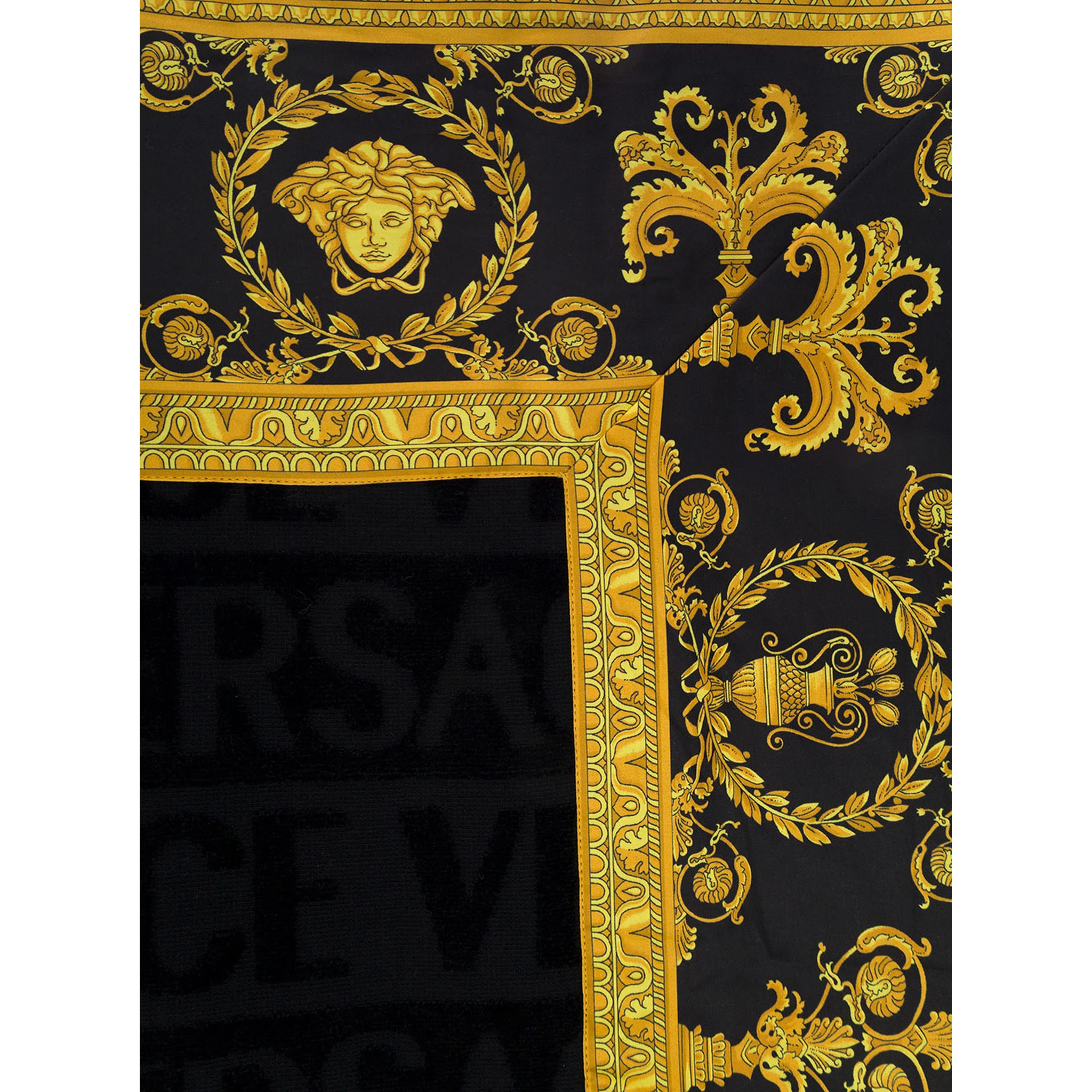 Black Towel with Baroque Print Lining in Terry Cotton Home