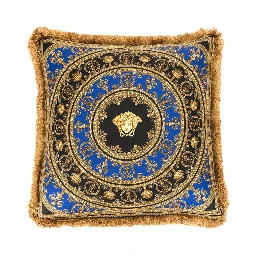 Gold, Black and Blue Pillow  in Silk and Synthetic Fibers with Baroque Print