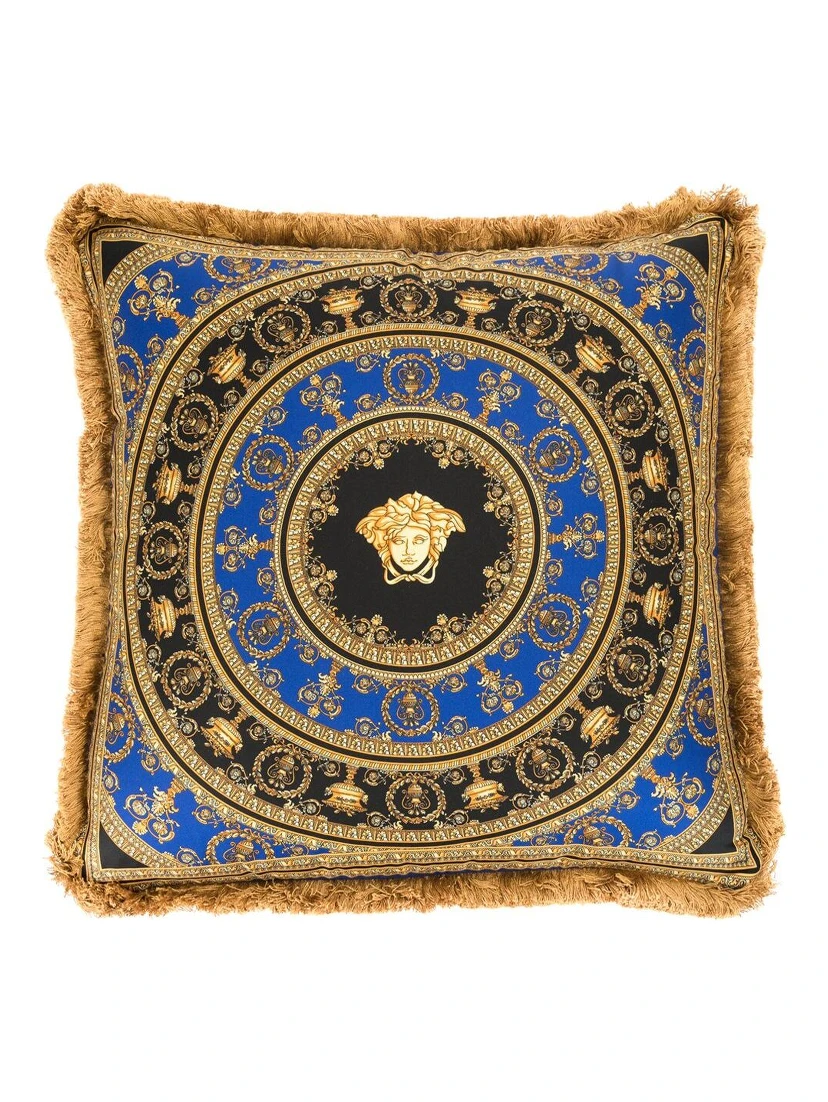 Gold, Black and Blue Pillow  in Silk and Synthetic Fibers with Baroque Print