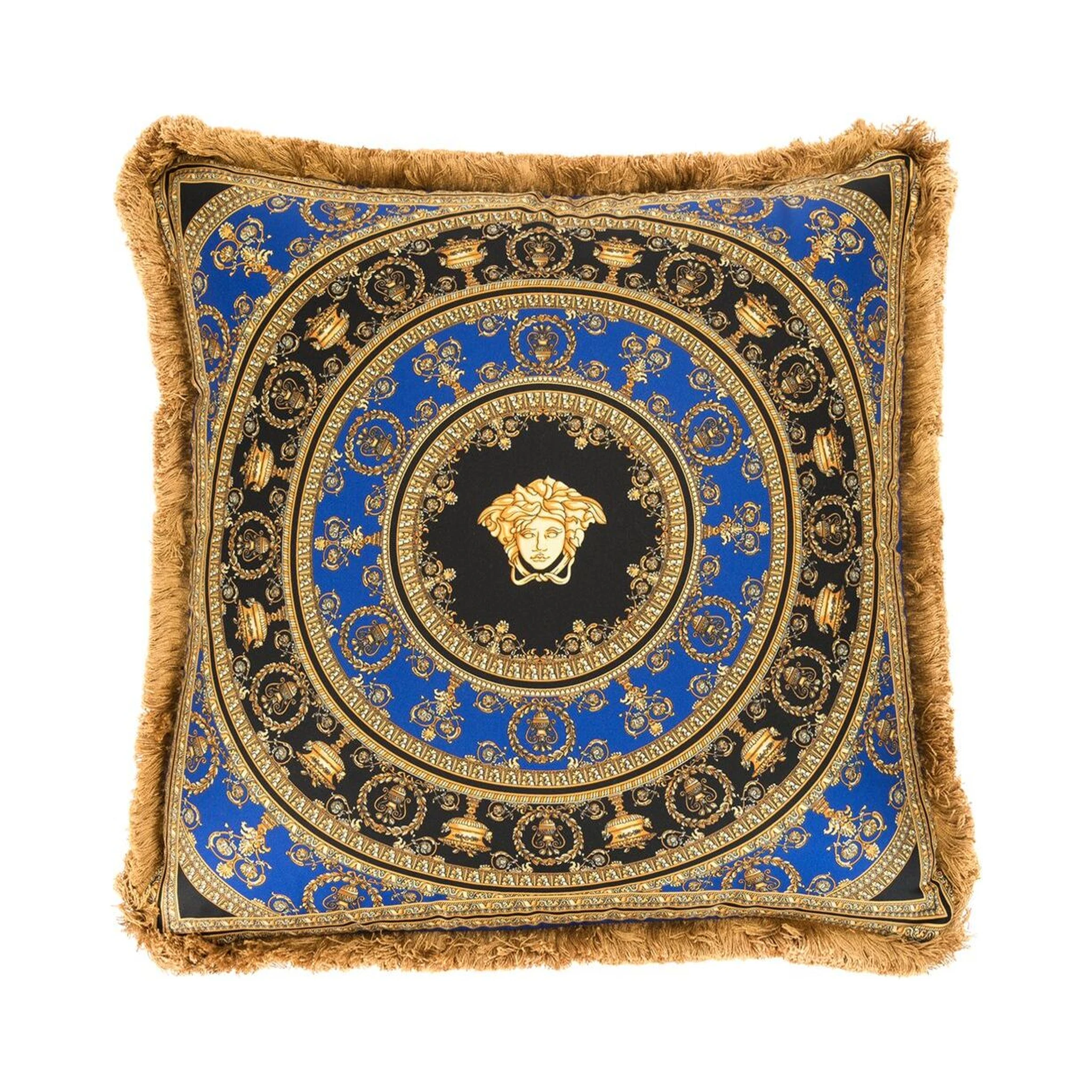 Gold, Black and Blue Pillow in Silk and Synthetic Fibers with Baroque Print