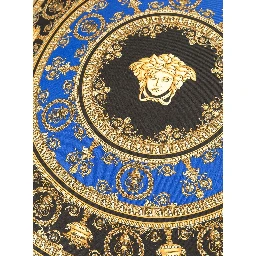 Gold, Black and Blue Pillow  in Silk and Synthetic Fibers with Baroque Print