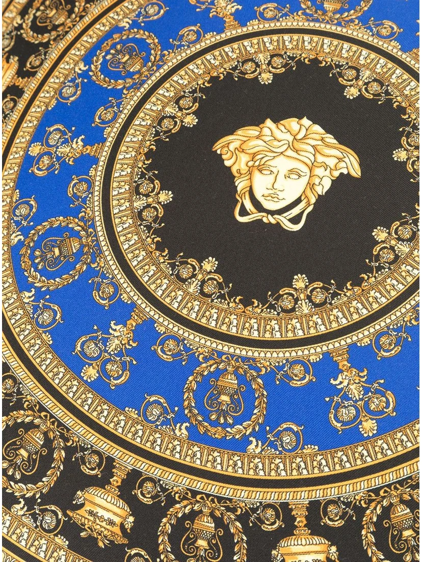 Gold, Black and Blue Pillow  in Silk and Synthetic Fibers with Baroque Print