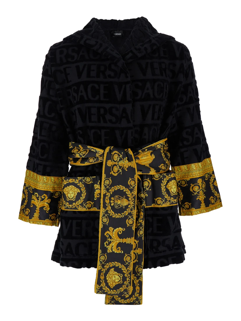 Black Terry Cotton Bathrobe with Baroque Pattern