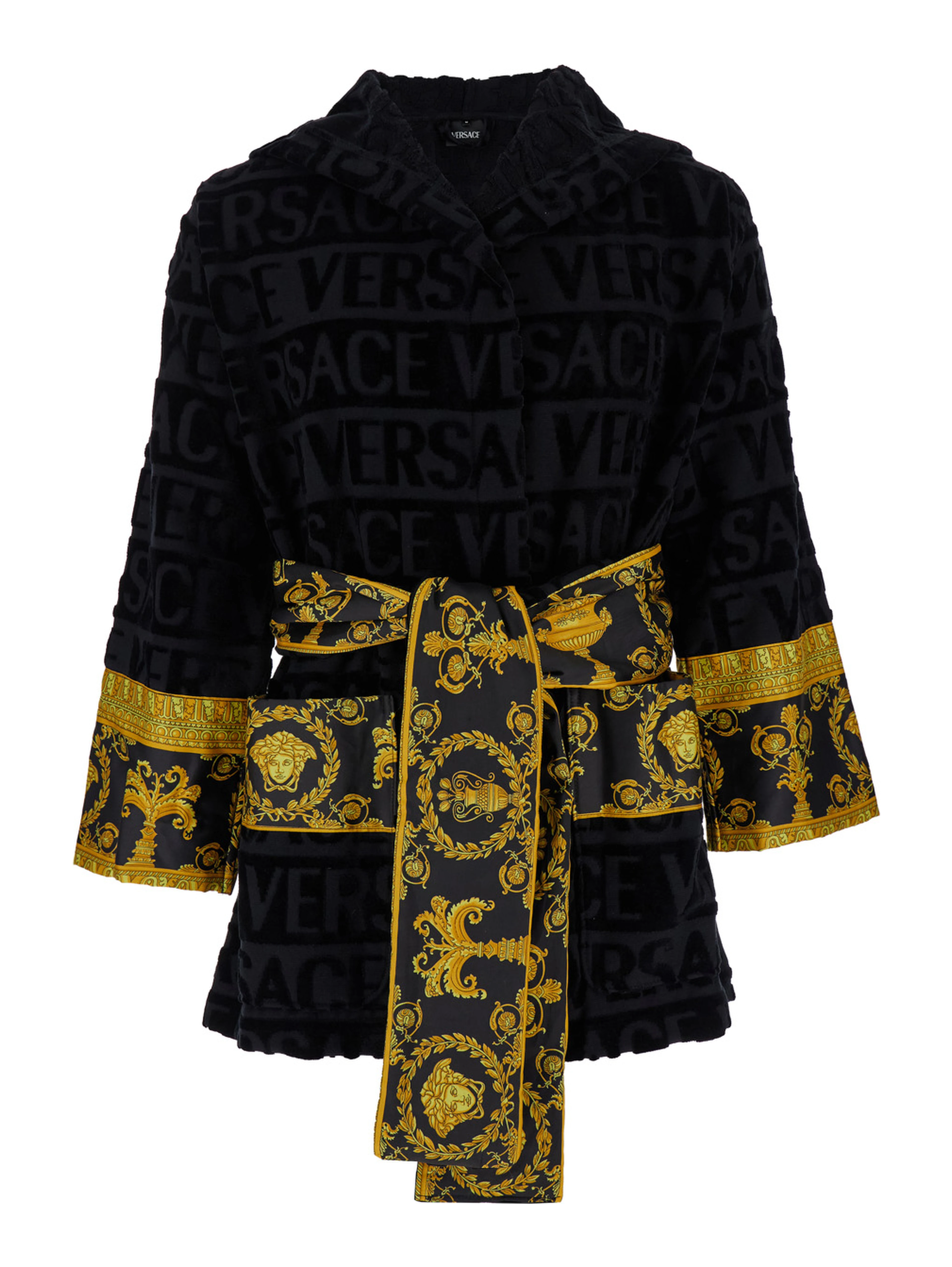 Black Terry Cotton Bathrobe with Baroque Pattern