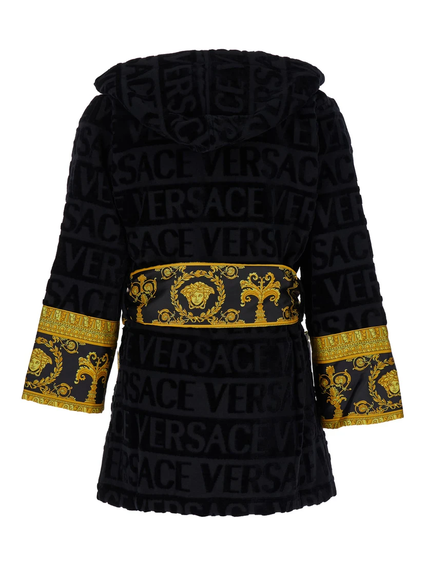 Black Terry Cotton Bathrobe with Baroque Pattern