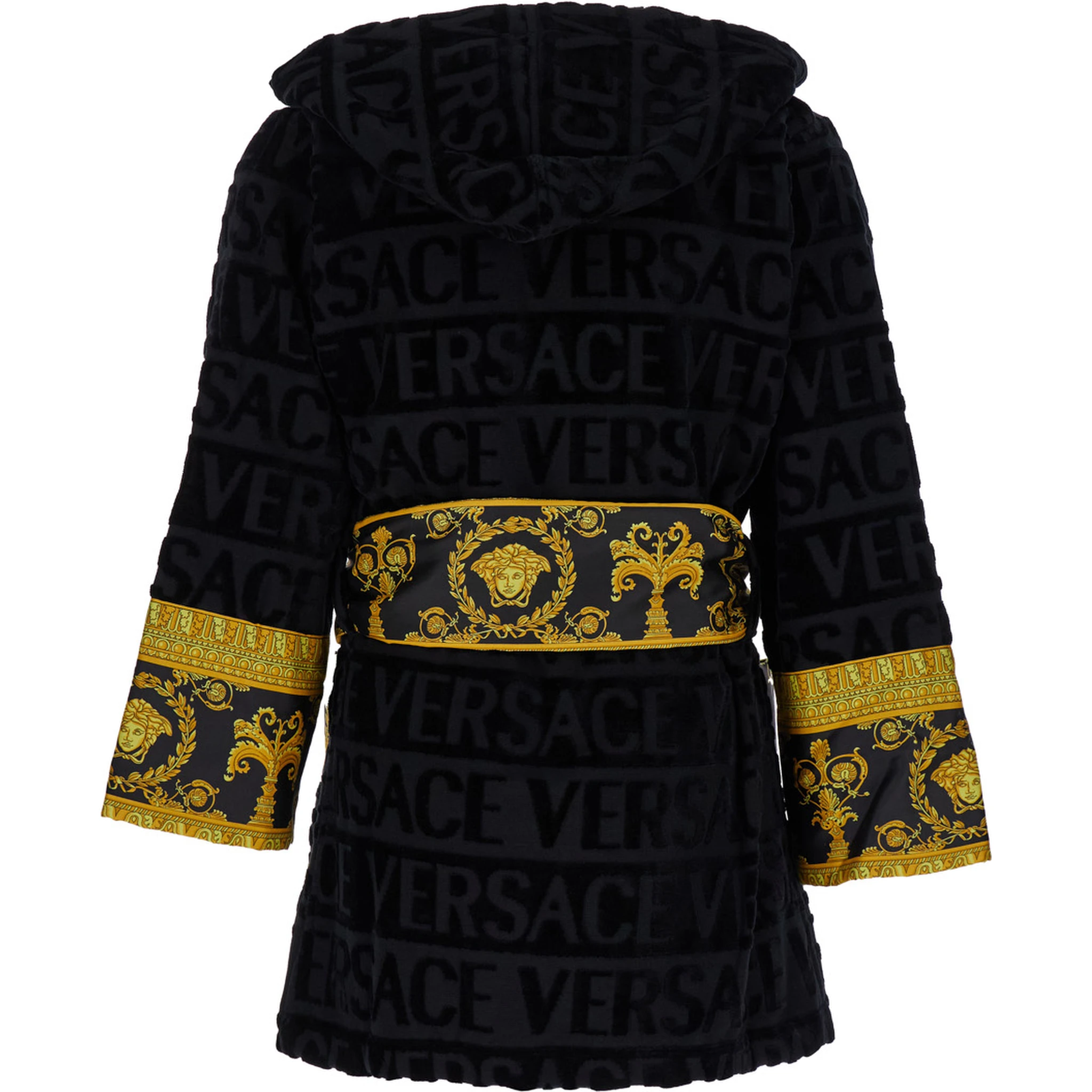 Black Terry Cotton Bathrobe with Baroque Pattern