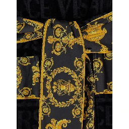 Black Terry Cotton Bathrobe with Baroque Pattern